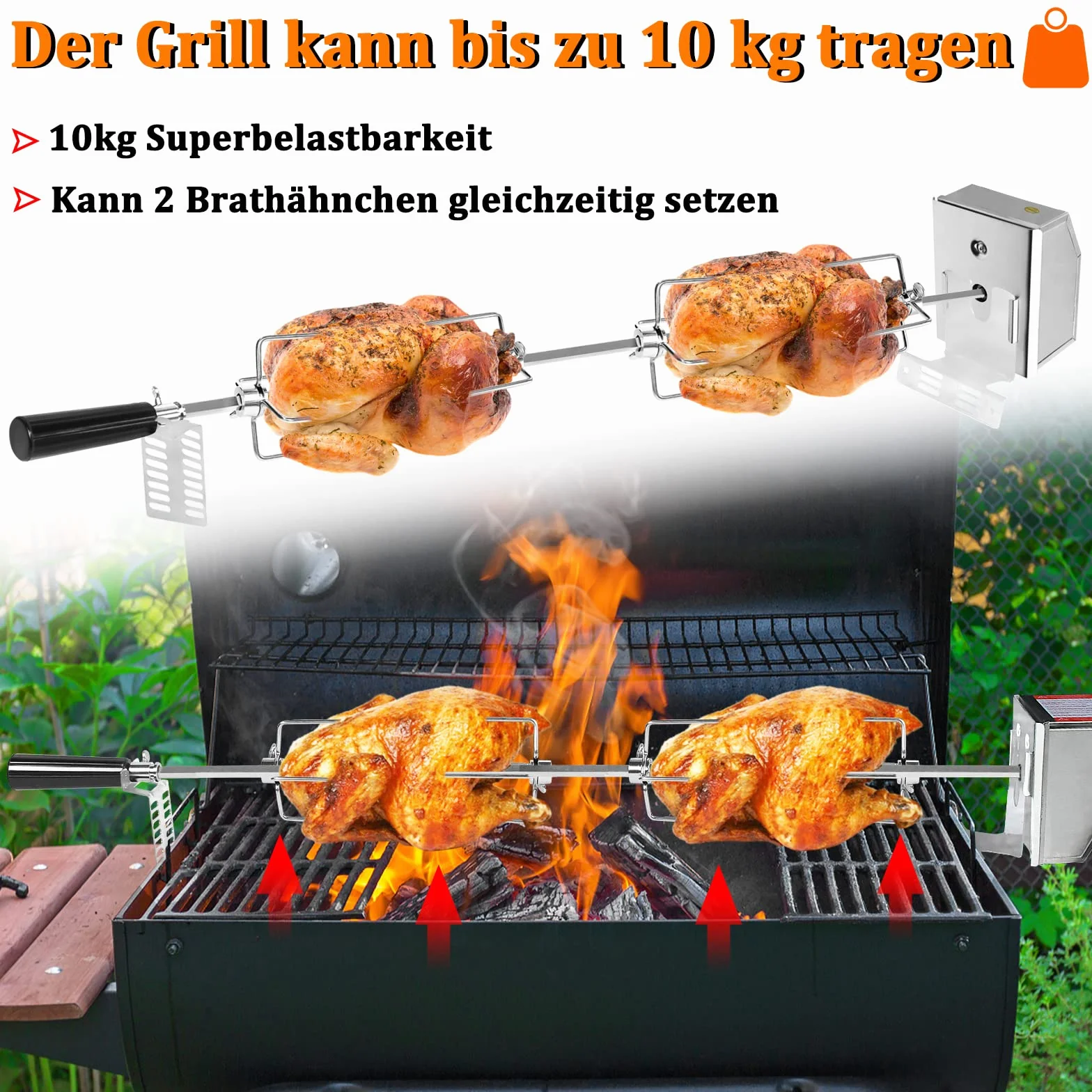 Rotisserie rożen do grilla gazowego, 107 cm, ze stali nierdzewnej, z 4 igłami do mięsa, uniwersalne zastosowanie, silnik elektryczny 220 V – 240 V, do grilla gazowego