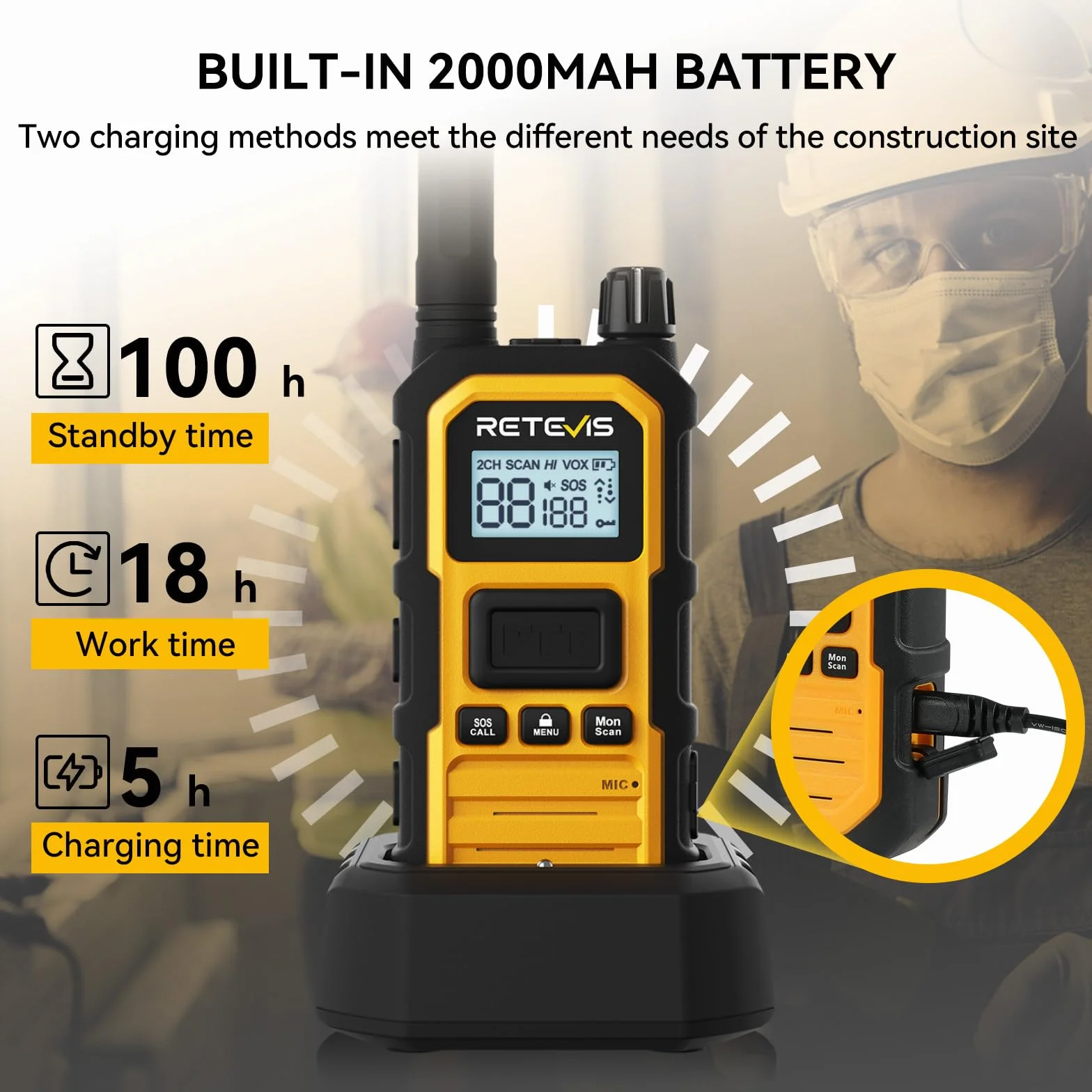 Retevis RB648 Plus Walkie Talkie o Dużej Mocy, IP67 Wodoodporne Radio Dwukierunkowe ze Słuchawkami, Połączenie Grupowe, 2000mAh, VOX, Profesjonalne Walkie Talkie dla Dorosłych, Produkcji(4 Szt. Żółty)