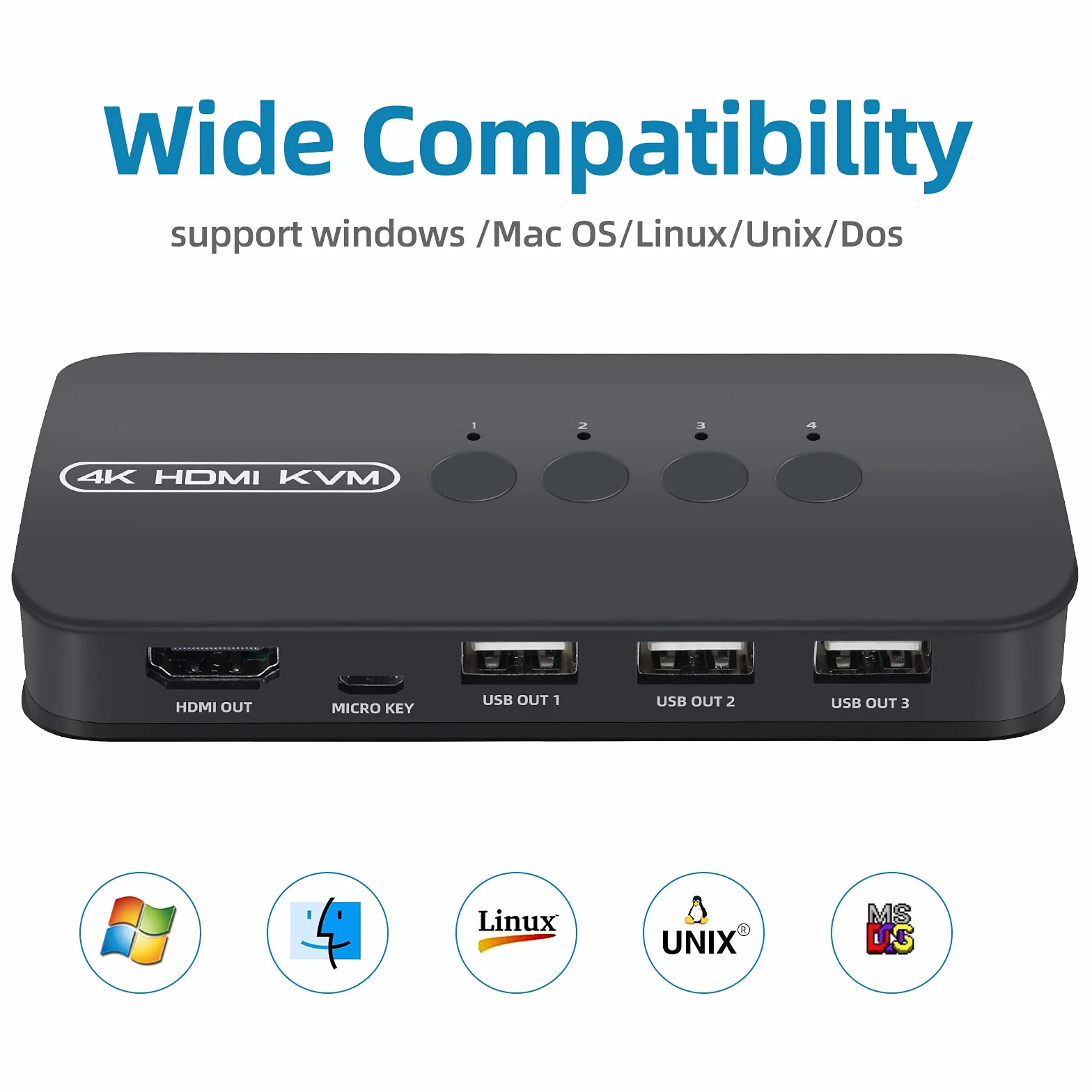 HDMI KVM Switch Do 4 Komputerów - Udostępniaj Jeden Monitor i 3 Urządzenia USB (Klawiatura, Mysz, Drukarka, Skaner) - Z 4 Kablami 2 w 1