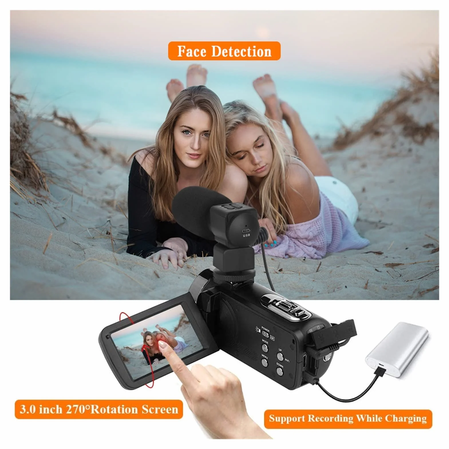 Kamera Wideo, Cyfrowa kamera wideo do nagrywania vlog 4K 56MP Ekran dotykowy vloggingowa z noktowizją HD Rejestrator Wi -Fi wbudowany w świetle wypełniającym(Standard,K1 Mic Lens Hood)