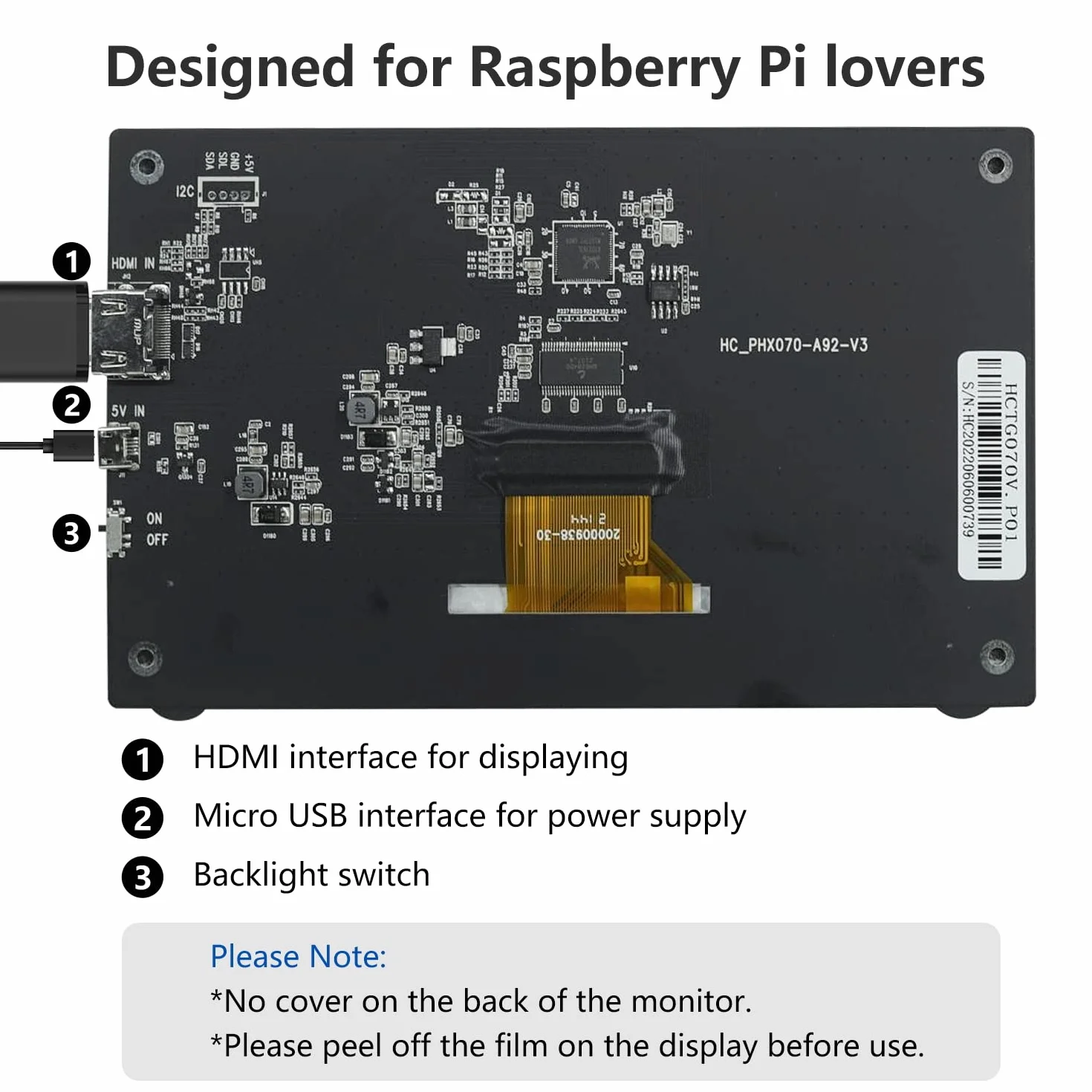 HAMTYSAN Raspberry Pi 7-calowy mini monitor 800 x 480, IPS Mały ekran Przenośny monitor HDMI do Raspberry Pi 400/4/3/2/Zero/B/B+ Jetson Nano Win11/10/8/7 (Non-Touch)