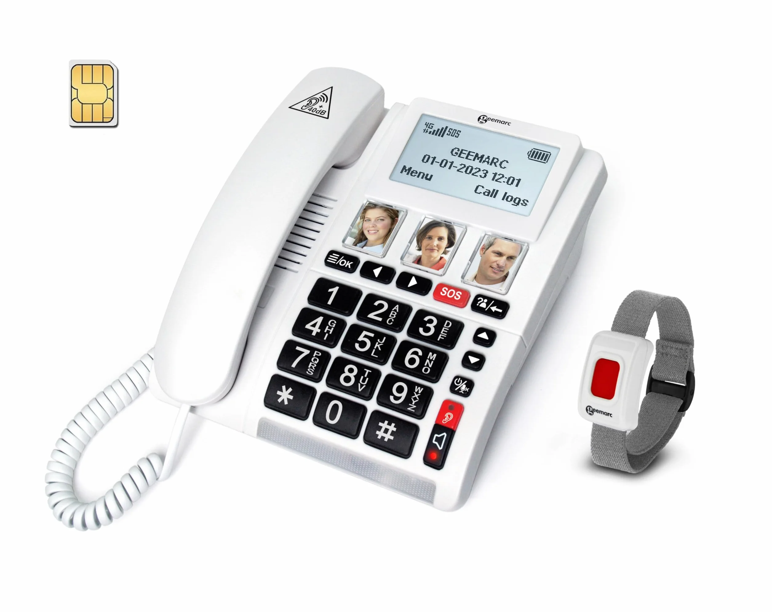Geemarc CL9000 - Domowy telefon i dźwięk Wodoodporna opaska SOS z dużymi przyciskami, wzmocniona głośność i podświetlany ekran - działa tylko z kartą SIM