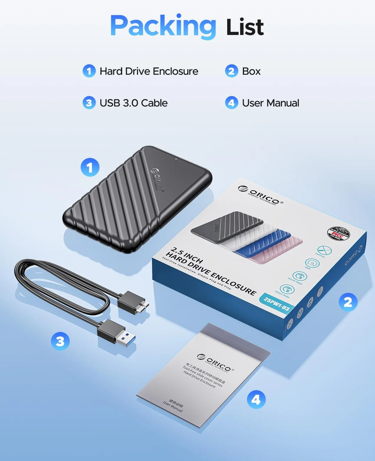 ORICO 2,5 cala obudowa HDD USB 3.0 zewnętrzna SATA SSD 9,5mm 7mm UASP Trim czarna 25PW1-U3