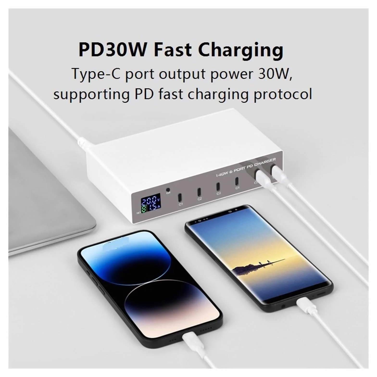 Szybka Ładowarka PD 30 W O Mocy 140 I 6 Portach Stacja Szybkiego Ładowania Multi USB-C Z Wyświetlaczem LED MożLiwość Szybkiego łAdowania(White 140W PD)