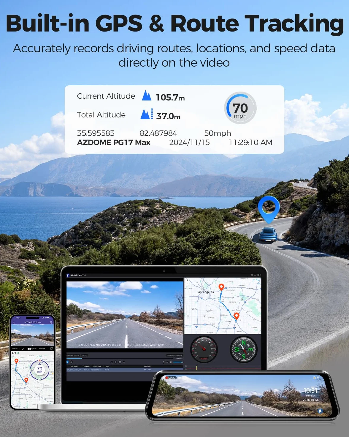 AZDOME Kamera samochodowa z lusterkiem 4K z tyłu 2,5 K, kamera samochodowa 5G WiFi, karta 64 GB w zestawie, super widoczność w nocy, GPS, sterowanie głosem, ekran dotykowy IPS 12", monitorowanie