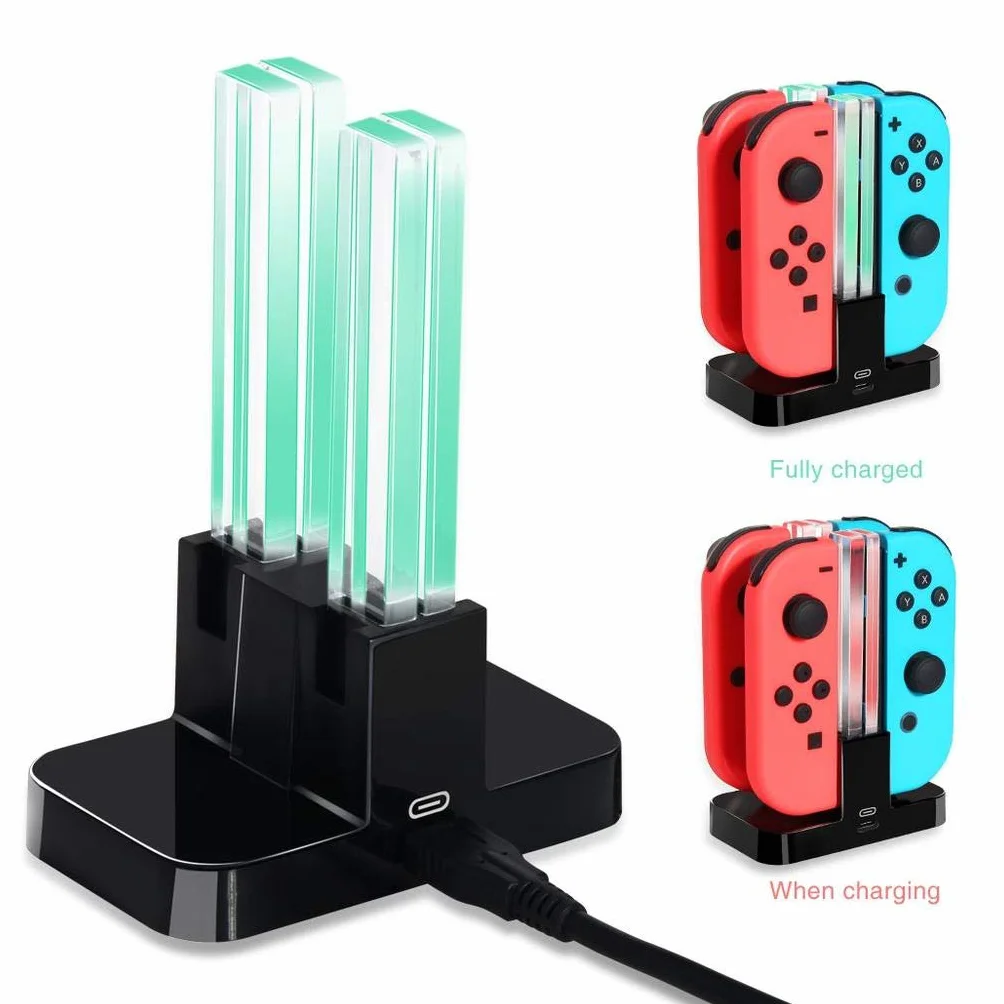 INF Stacja ładująca Nintendo Switch ze wskaźnikiem LED, ładowarka Joy-con 4 w 1 z kablem ładującym USB C, czarna