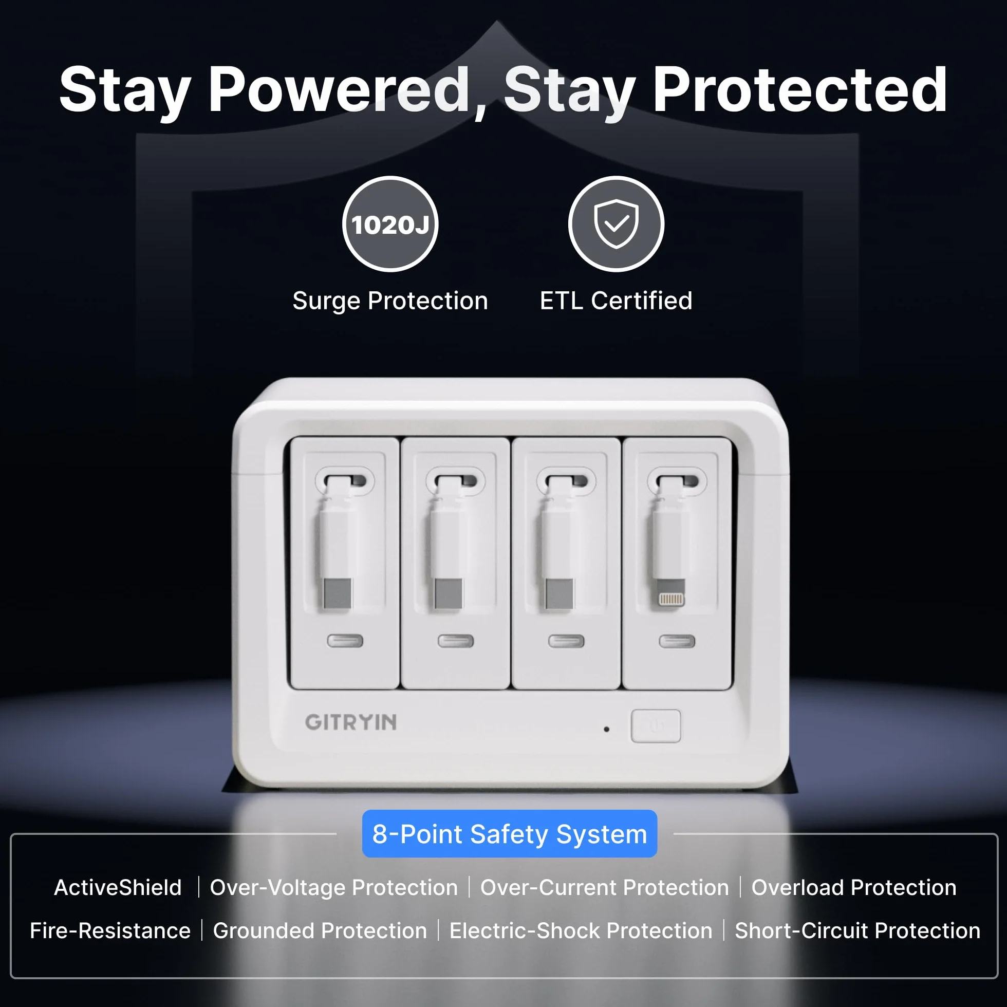 Gitryin Stacja ładująca 12 w 1 z 3 wysuwanymi ładowarkami typu C i 1 ładowarką Lightning, 40 W USB-C z kablem 80 cm, przedłużacz z zabezpieczeniem przed