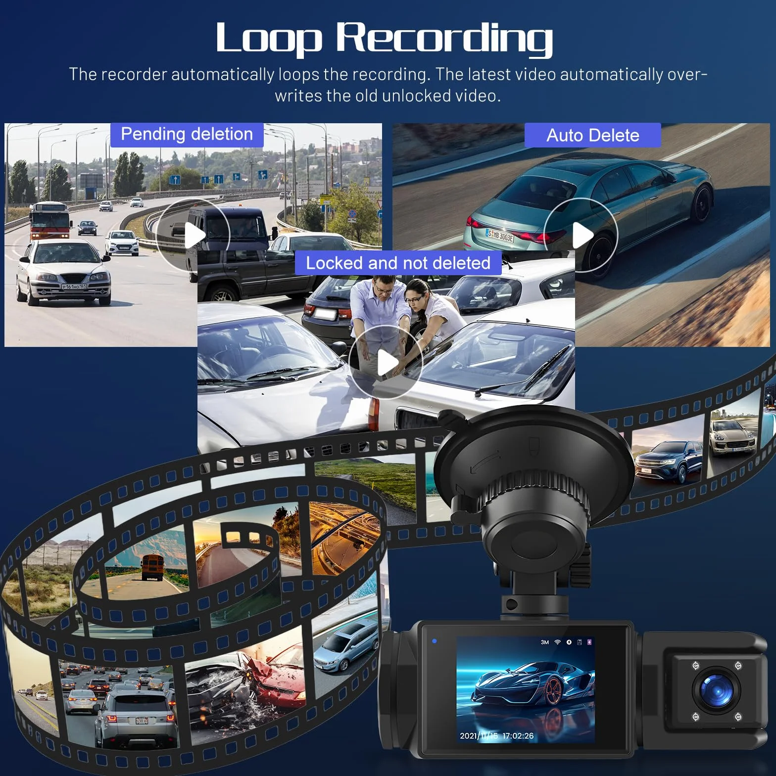 Kamera samochodowa 1080P, 3-kanałowa kamera Dash Cam z przodu i z tyłu wewnątrz, Full HD 2,0 cala ekran IPS kamera samochodowa z nagrywaniem w pętli, noktowizorem, wykrywaniem ruchu