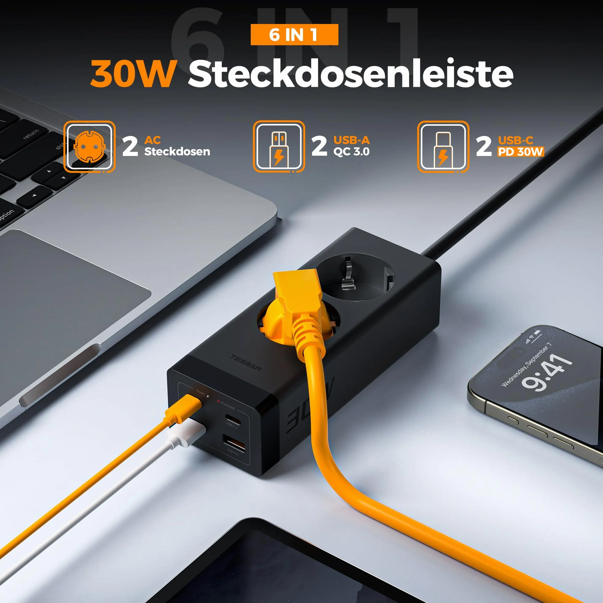 TESSAN 30W Listwa zasilające z USB C, GaN USB-C ładowanie szybkie 2 porty, przedłużacz 2 m i ochrona przed przepięciami, 3600W do biura