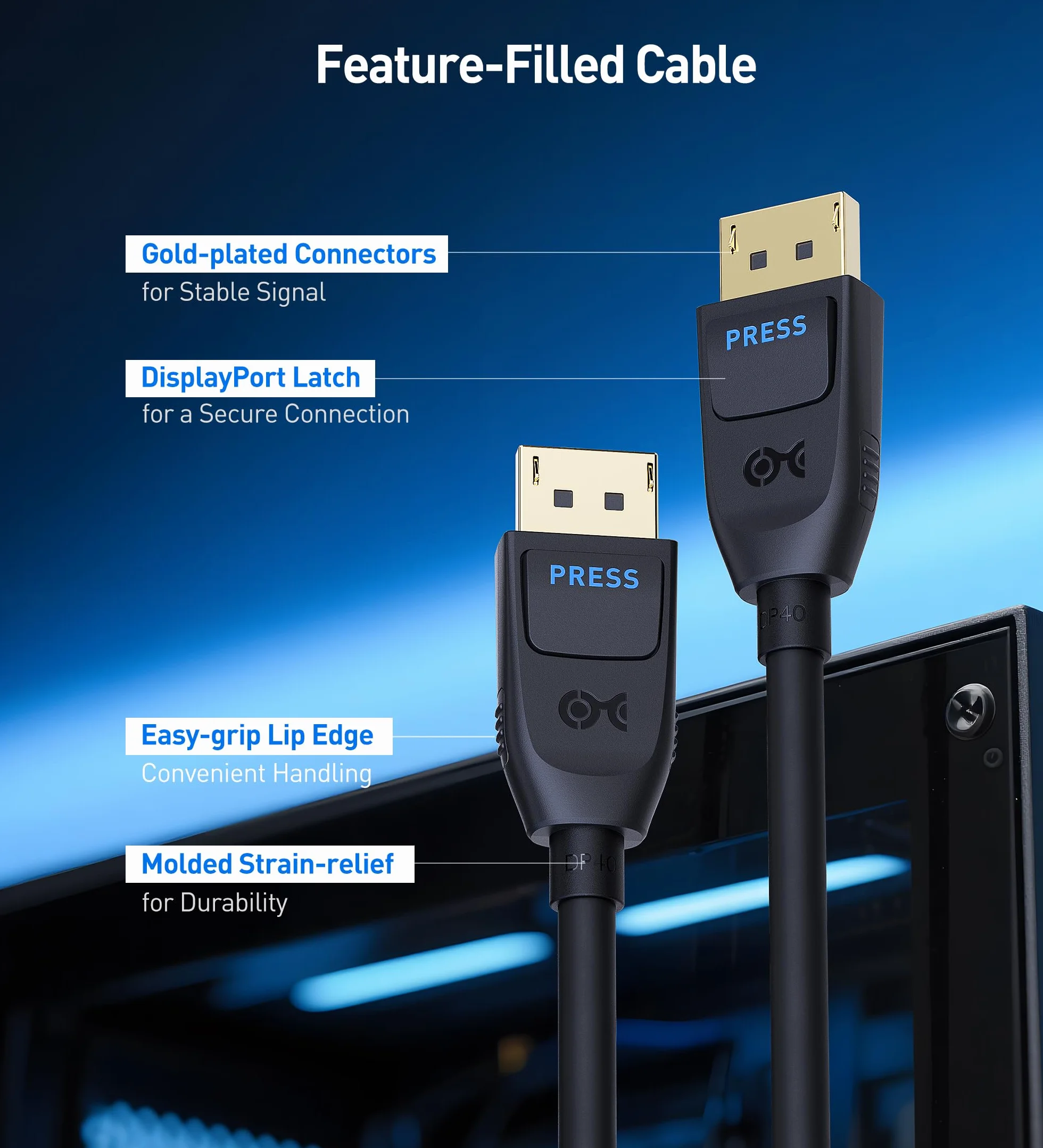 Kabel DisplayPort 2.1 2 m 40 Gb/s DP40 8K 120Hz 4K 144Hz Czarny FreeSync G-SYNC HDR