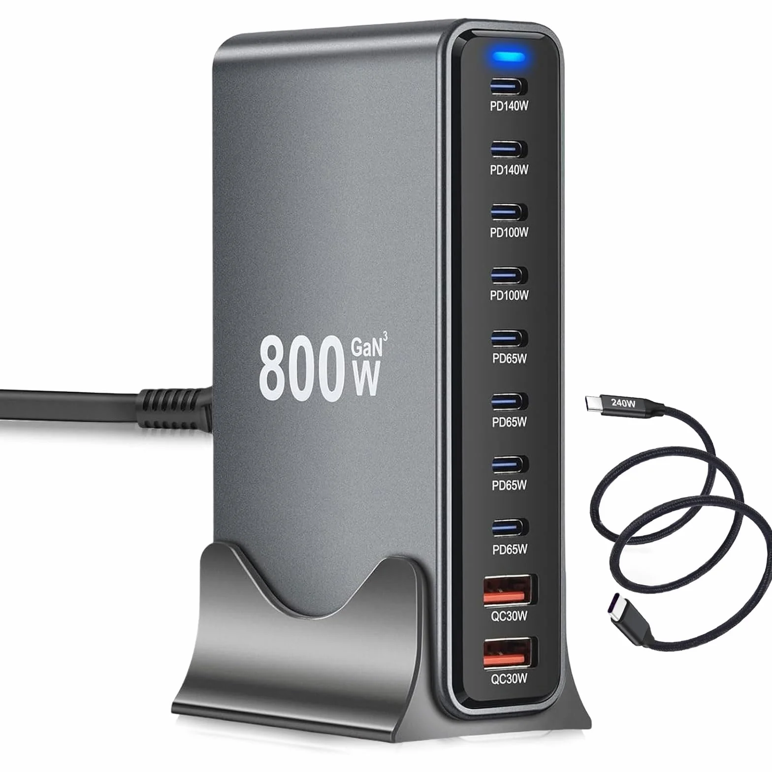 GaN III10 ładowarka USB C, 800 W, wiele portów USB, stacja ładująca 8 USB C i 2 USB A, szybka ładowarka, stacja ładująca, kompaktowa wielofunkcyjna ładowarka do laptopów (800 W + kabel do