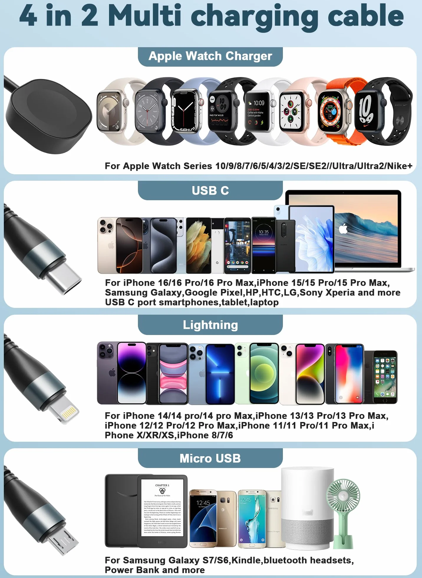 Spiralny kabel 4 w 1 do ładowania z ładowarką Apple Watch – 3 m Multi kabel do ładowania Apple Watch USB C, kabel Lightning Micro USB, do Apple Watch, iPhone 15 14 13 12 11 8 X, MacBook, iPad, Android