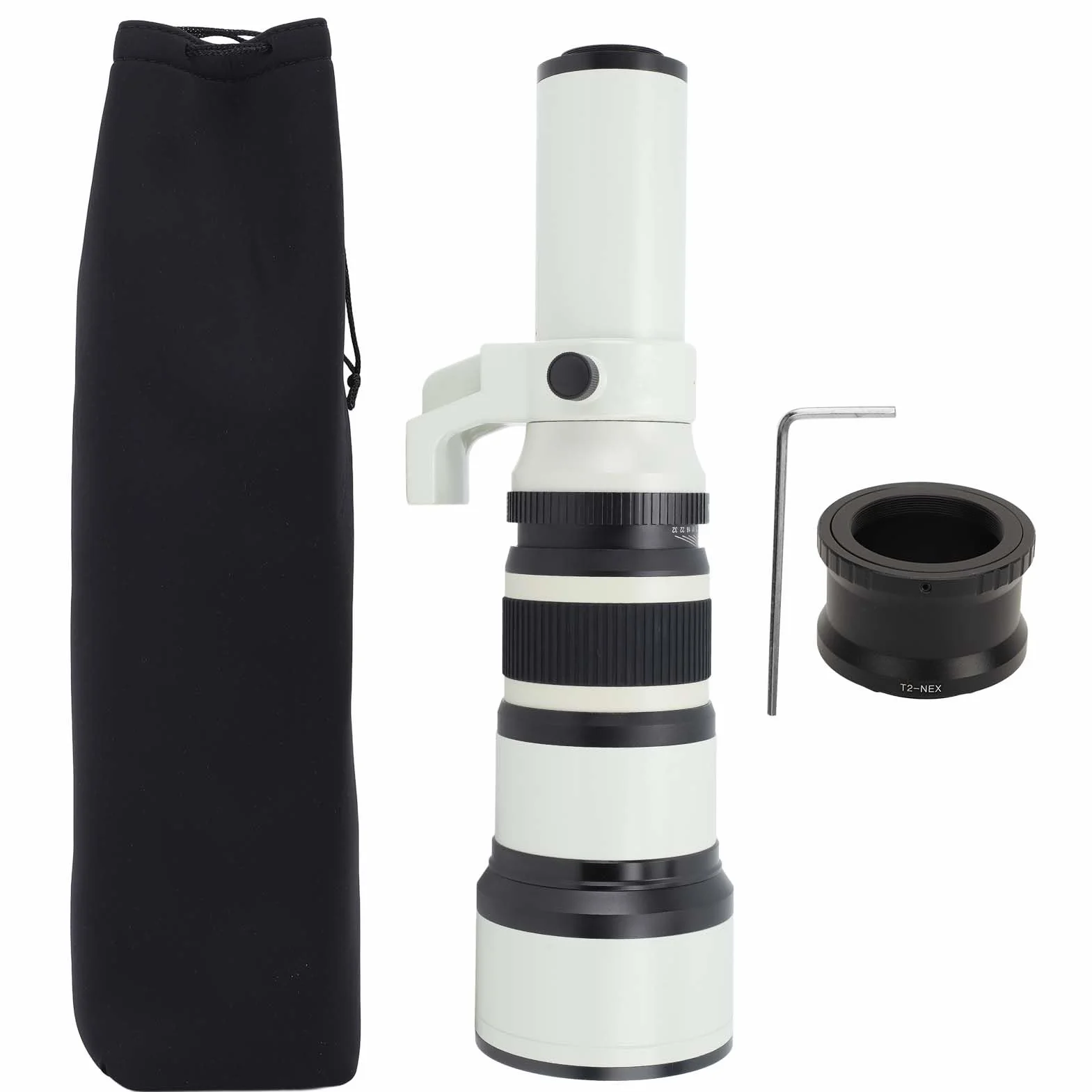 Teleobiektyw Prime Szkło Optyczne F6.3-F32 Aperture Obiektywy Stałoogniskowe Achromatyczny Refraktoskop z Adapterem T2 NEX do Pełnoklatkowego Aparatu Bezlusterkowego (WHITE)
