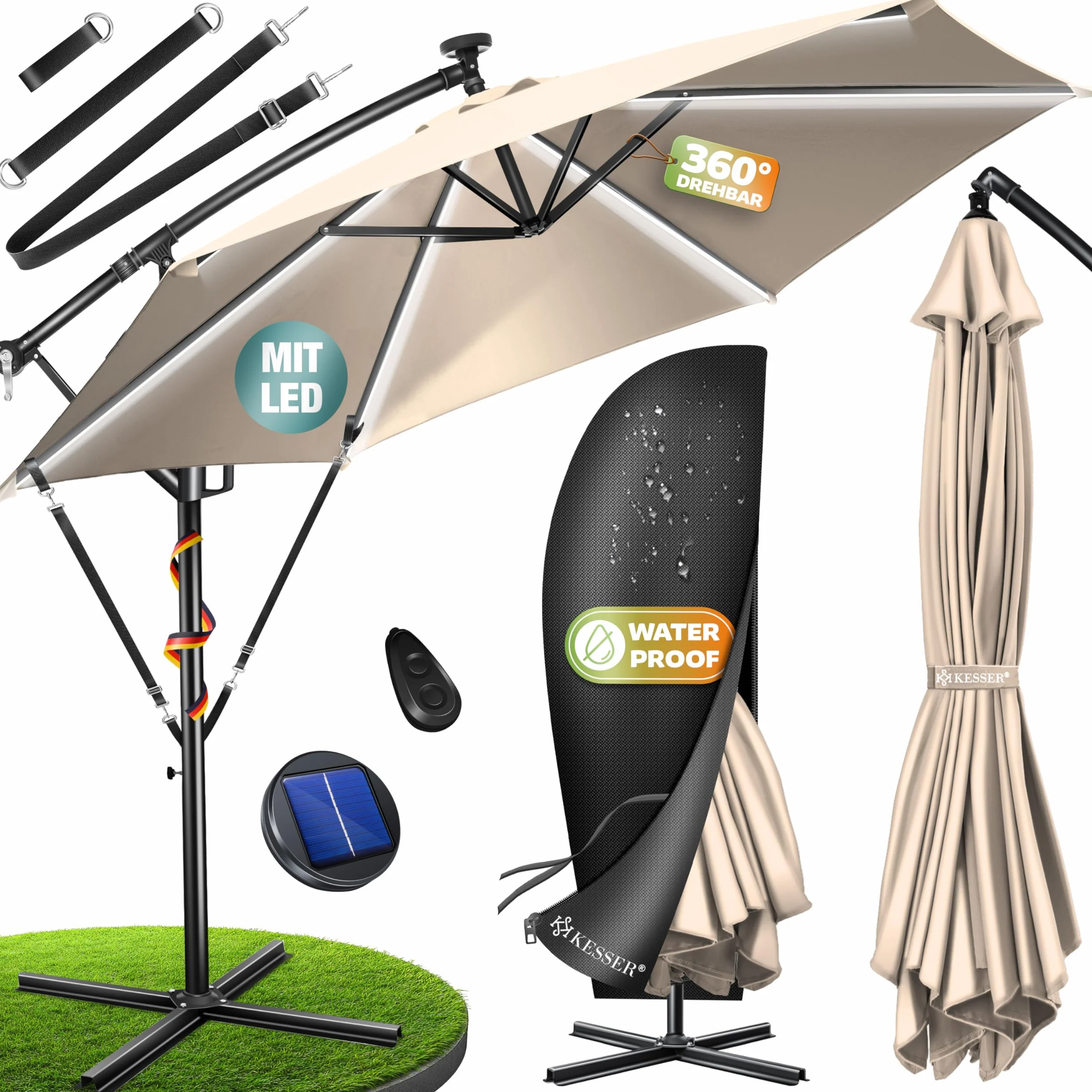 KESSER® Aluminiowy parasol przeciwsłoneczny LED solarny z pokrywą, pilot zdalnego sterowania i korbą, parasol korbowy ze stojakiem, funkcja 360°, ochrona przed promieniowaniem UV, aluminium, odporny