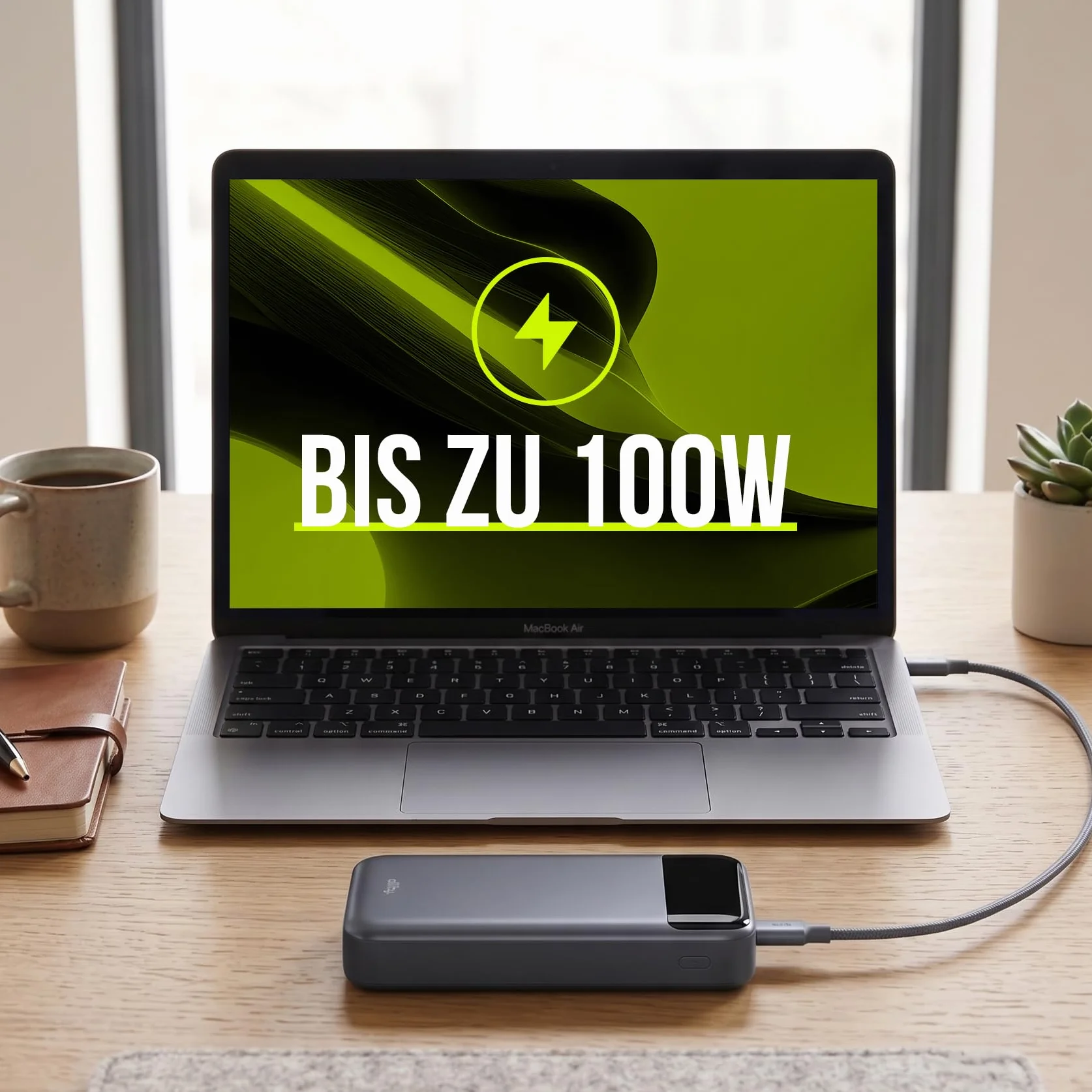 Powerbank 19200 mAh 130 W – USB-C PD & QC szybka ładowarka do laptopa, telefonu komórkowego i tabletu – aluminiowa obudowa, wyświetlacz LCD, kompaktowy, w zestawie kabel 100 W – szary Power
