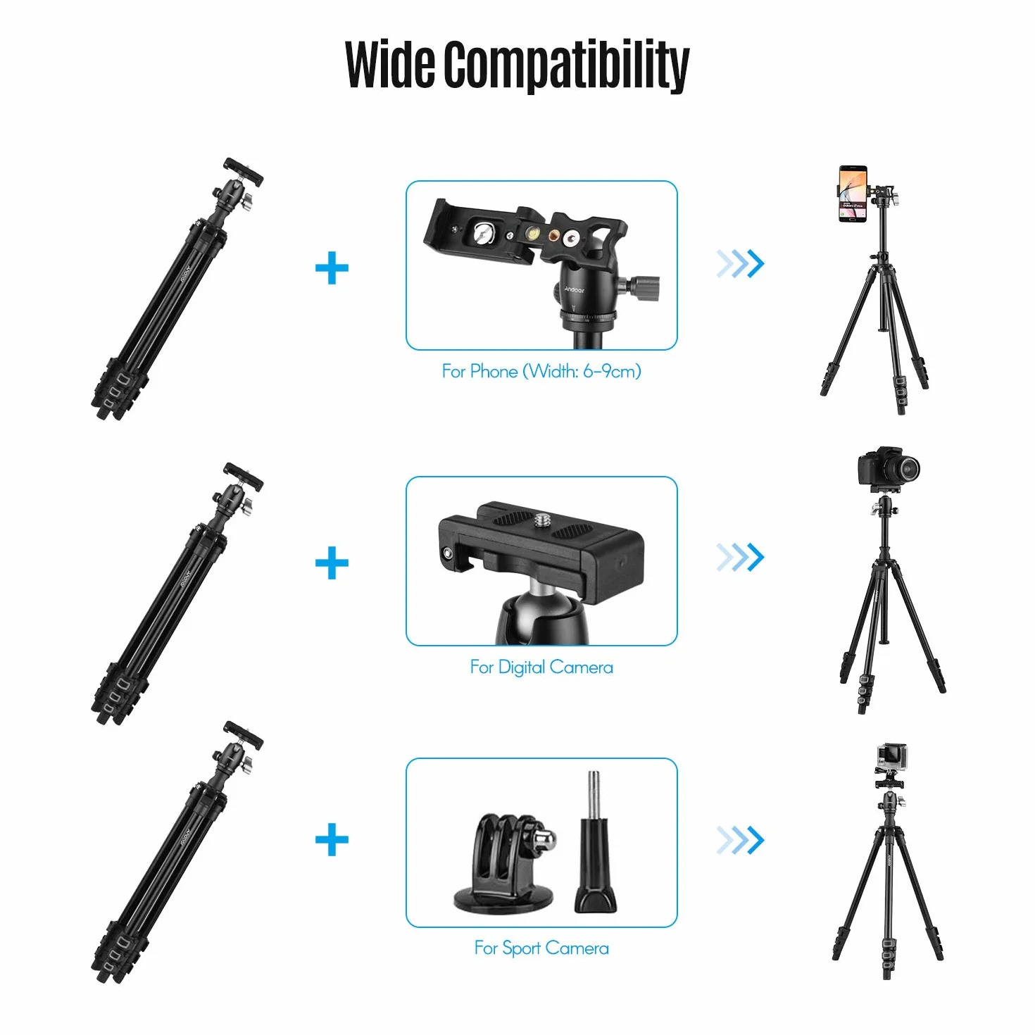 Andoer Q160H statyw do aparatu fotograficznego, poziomy, profesjonalny statyw podróżny z panoramiczną głowicą kulową 360°, uchwyt na telefon, pilot zdalnego sterowania, do lustrzanek cyfrowych, smartfonów, kompatybilny z Canon Nikon Sony