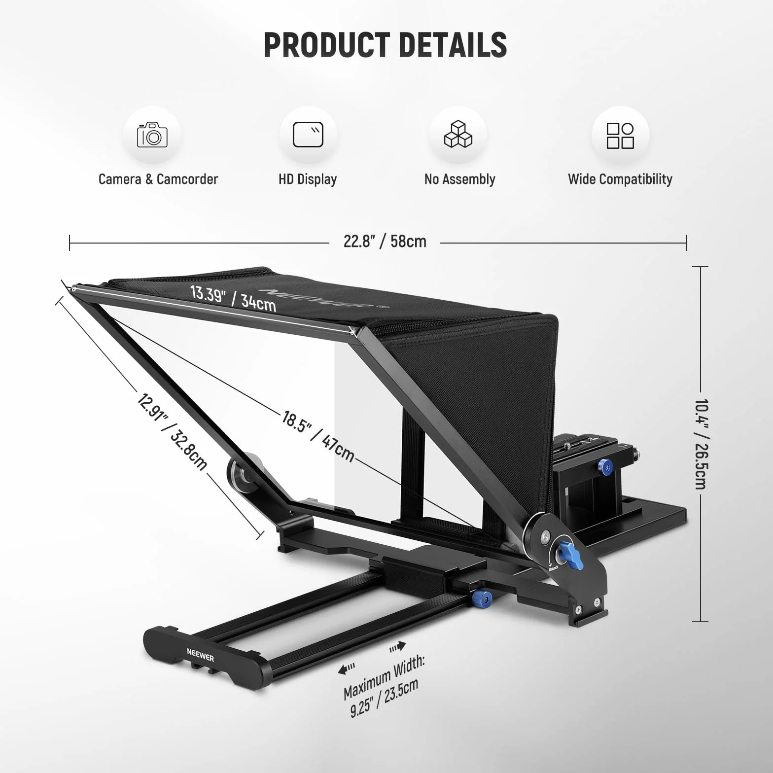 NEEWER Teleprompter X17 II z pilotem RT113 / sterowaniem aplikacją, rozdzielacz wiązki HD 43.2 cm, całkowicie metalowa rama, ulepszony uchwyt, płyta QR, kompatybilna z iPadem 501PL, maksymalne