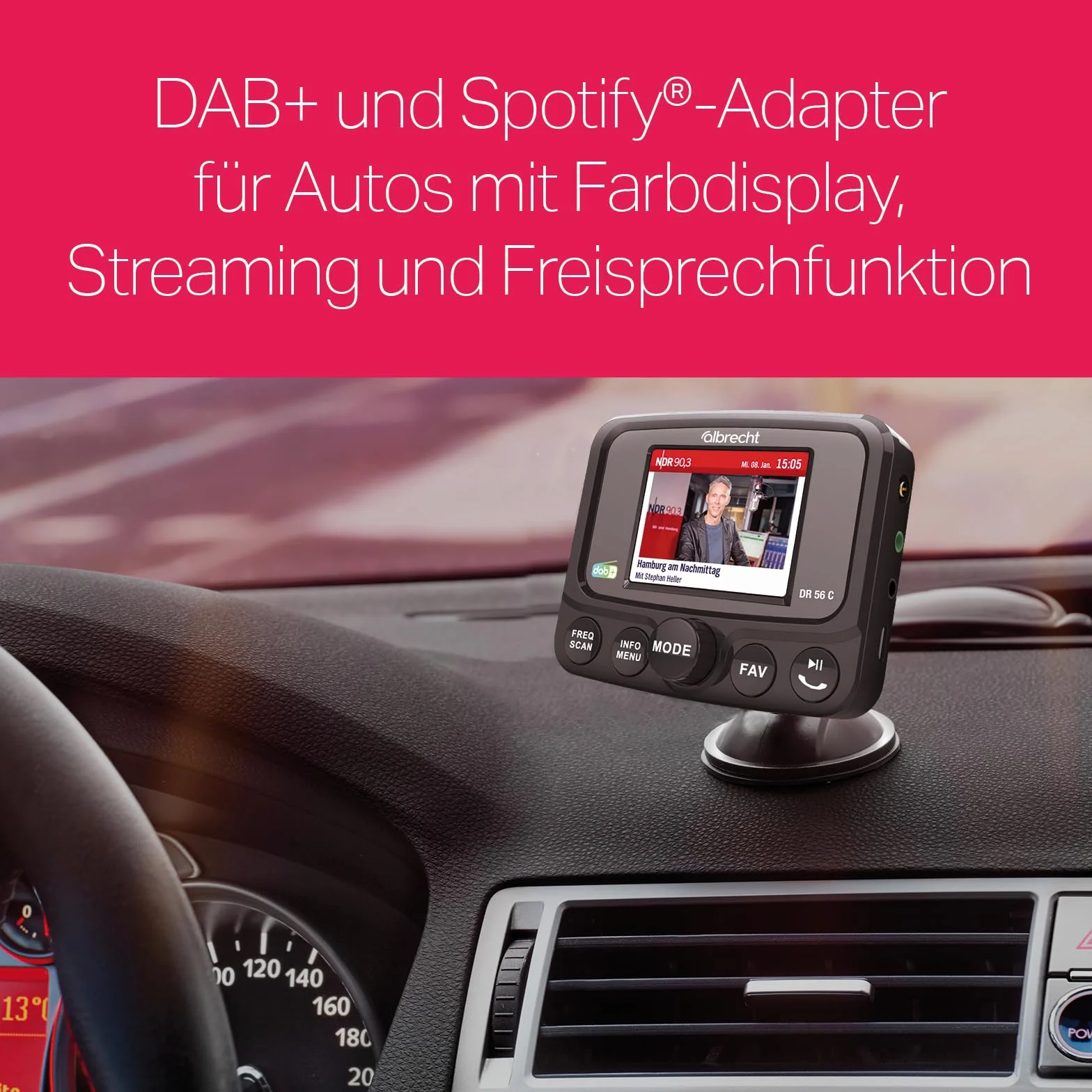 Albrecht DR 56 C cyfrowy tuner radiowy – DAB+ adapter do radia samochodowego – kolorowy wyświetlacz i Bluetooth – nadajnik FM do bezprzewodowego połączenia, akcesoria samochodowe, 27156