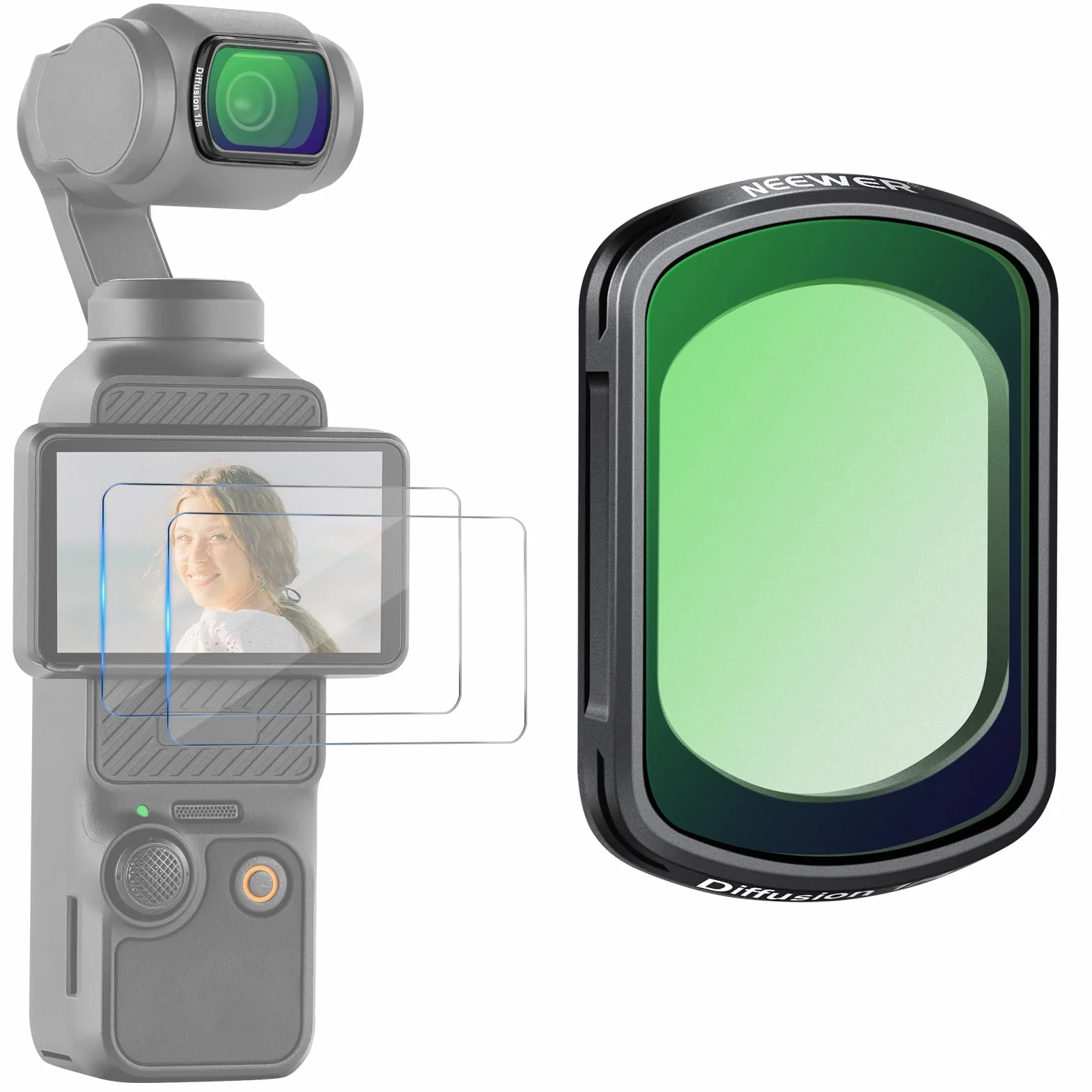 NEEWER Magnetyczny czarny filtr dyfuzji 1/8 kompatybilny z DJI Osmo Pocket 3 Enhance Cinematic Footage, filtr obiektywu z efektem kinowym, akcesoria do kamer akcji, z 2 osłonami ekranu, FL-84