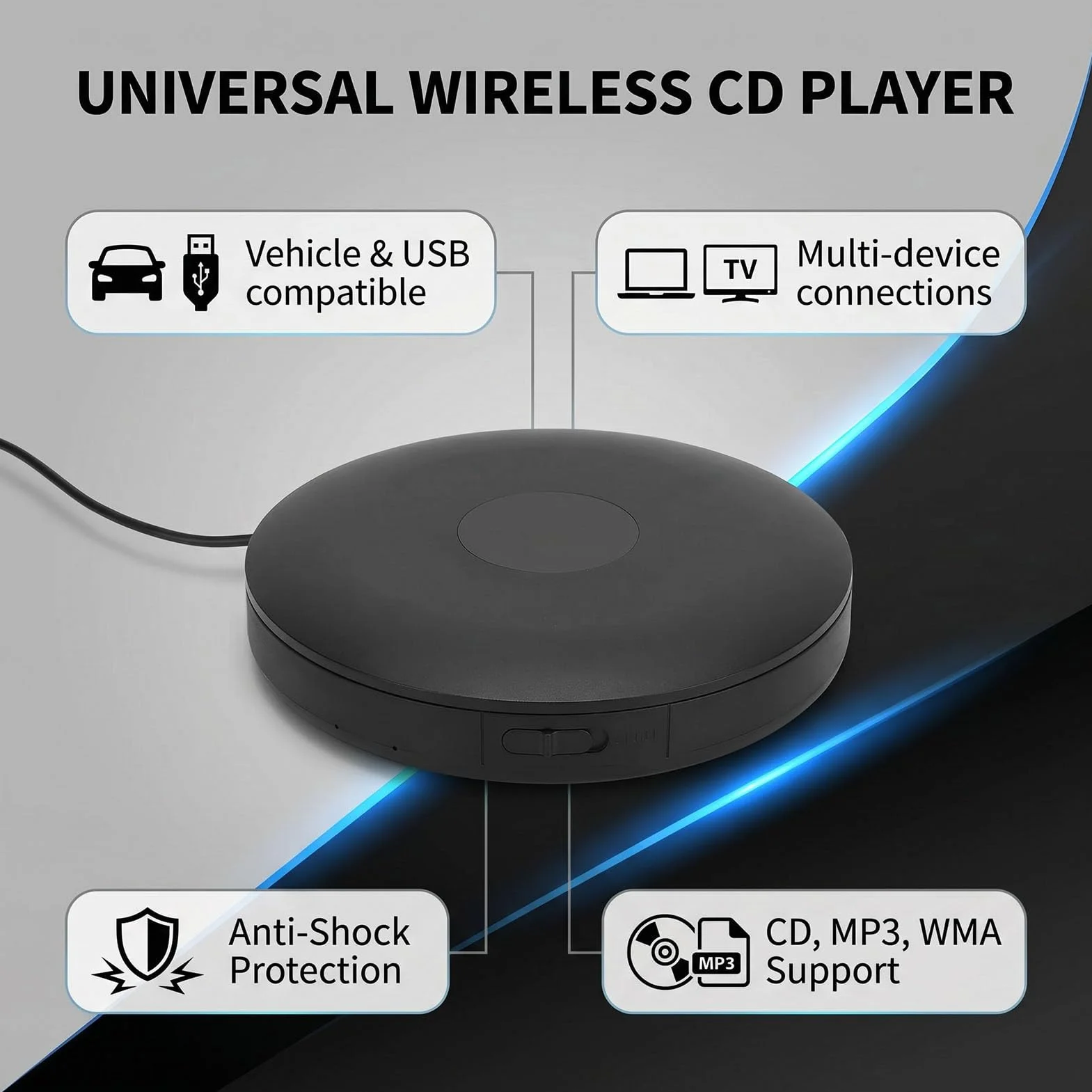 Sxhlseller Zewnętrzny Samochodowy Odtwarzacz CD z Bluetooth, Interfejsem USB, Odpornym na Wstrząsy Przenośnym Odtwarzaczem Muzyki, do Laptopa, Telewizora, Komputera, Pojazdów