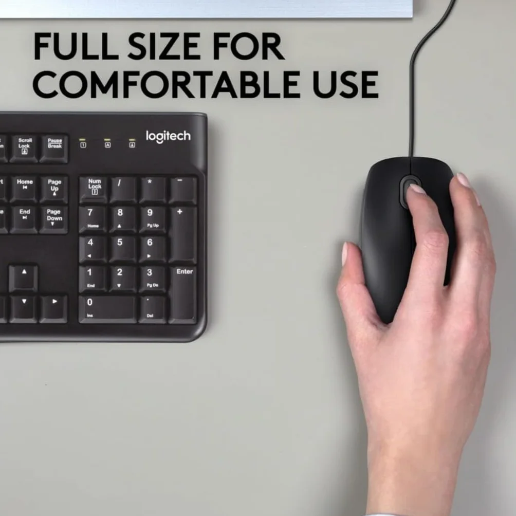 Logitech B110 Przewodowa mysz USB, ciche przyciski, wygodna konstrukcja dla użytkowników pełnowymiarowych, oburęczna, PC/Mac/Laptop - Szary