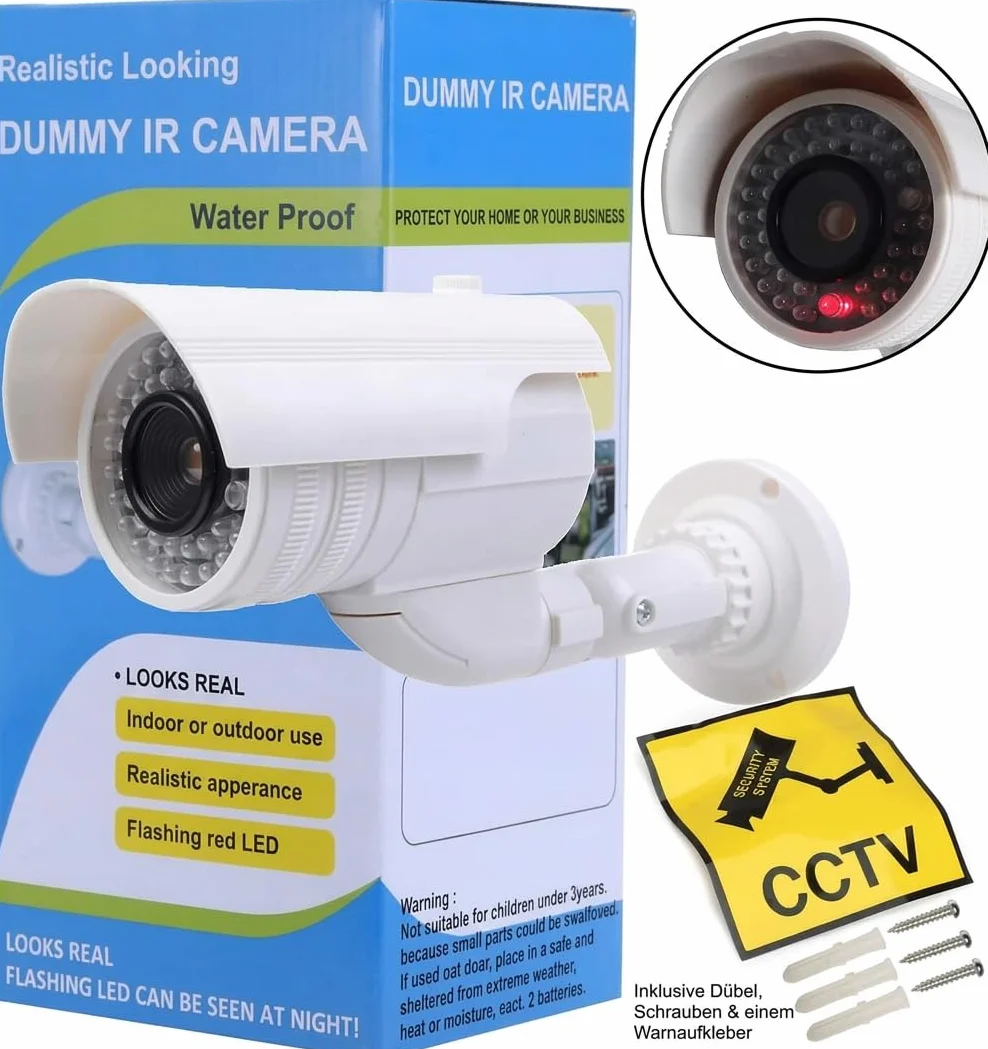 O&W Security Atrapa kamery do monitoringu – Dummy kamera CCTV z obiektywem, migającą diodą LED i czujnikiem ruchu, obudowa chroniąca przed warunkami atmosferycznymi z dachem przeciwdeszczowym