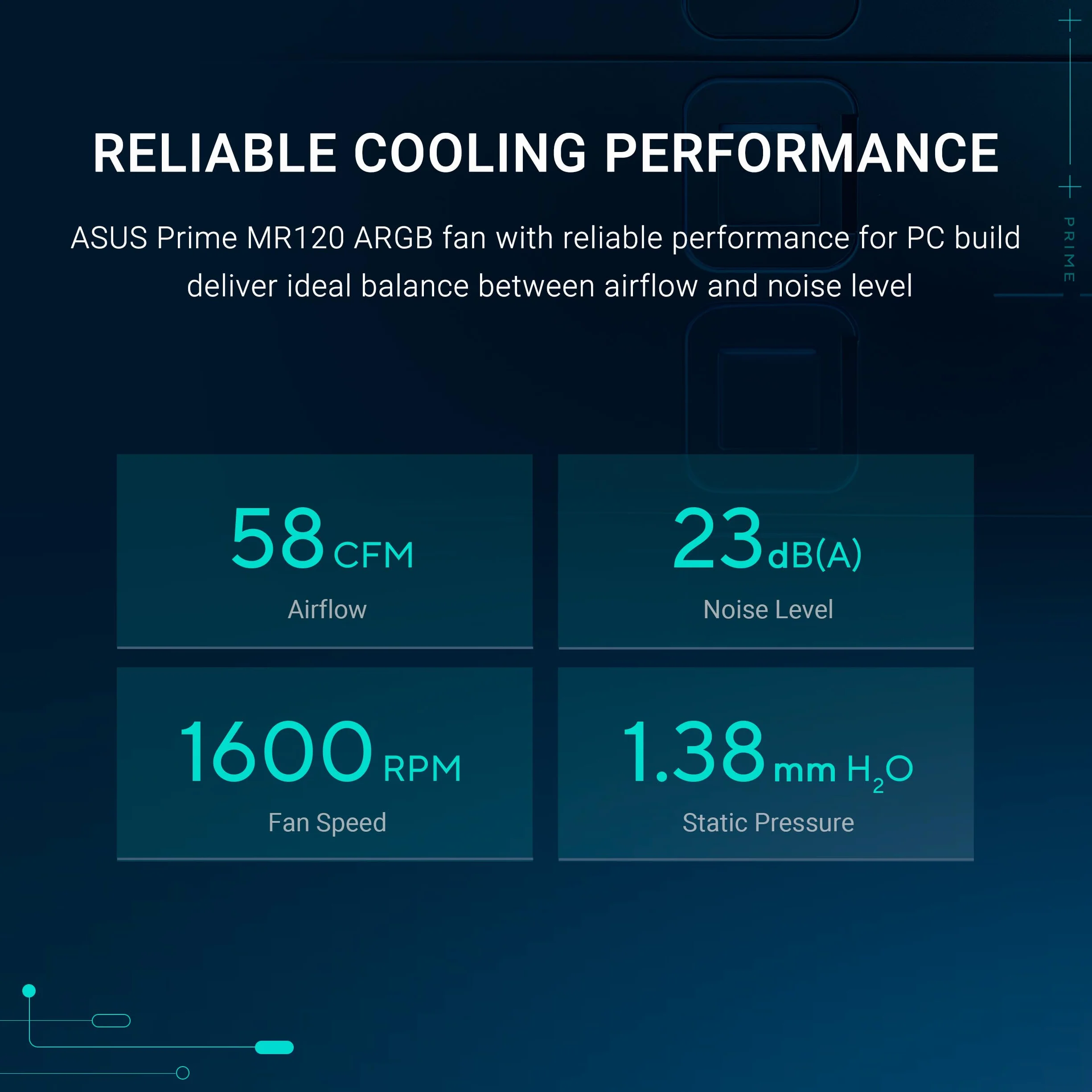 ASUS Prime MR120 ARGB Reverse Single Pack, wentylator PWM 120 mm, 20 LED ARGB, prędkość wentylatora 1600 obr./min, przepływ powietrza 58 CFM, grubość ramy 28 mm, Aura Sync