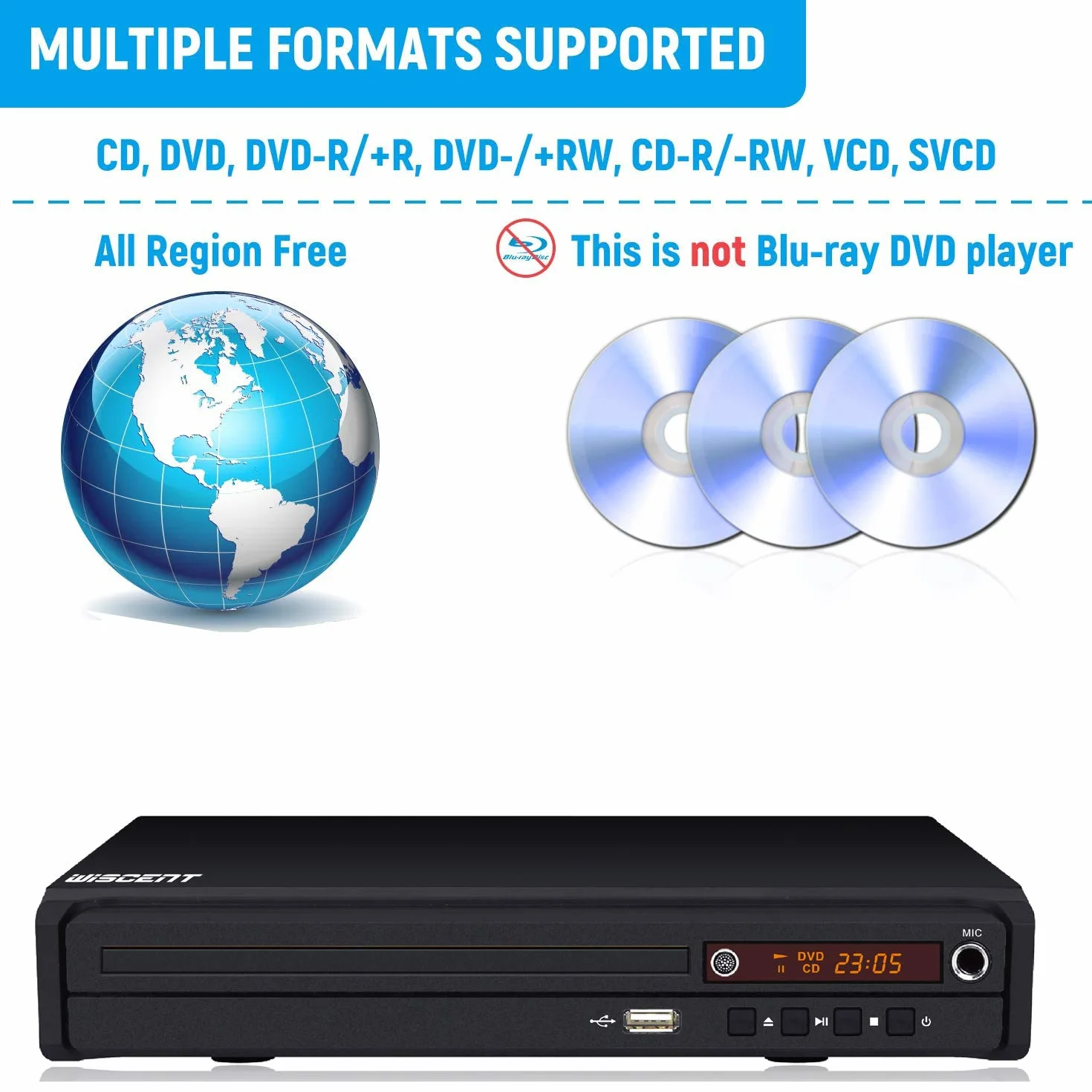 Odtwarzacz DVD do TV, DVD/CD, MP3 z wtyczką USB, wyjście HDMI i AV (kabel HDMI i AV w zestawie), pilot (bez Blu-Ray)