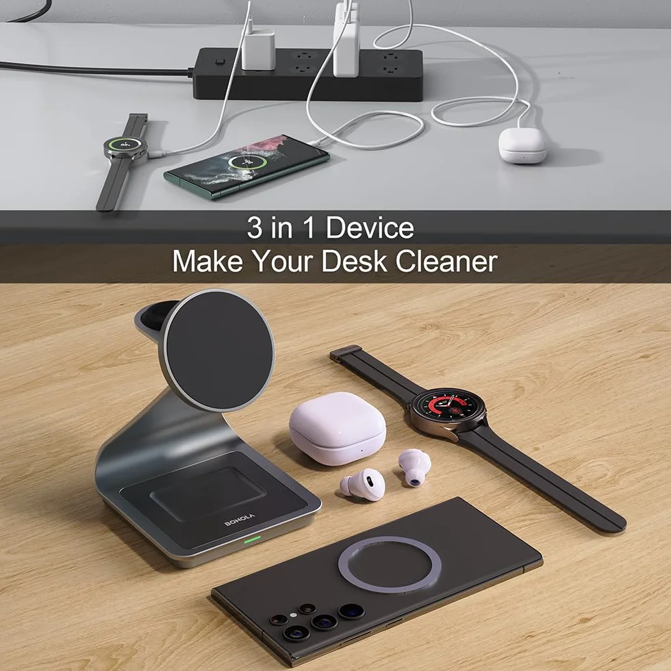 Bezprzewodowa ładowarka do Samsunga: Magnetyczna bezprzewodowa stacja ładująca 3 w 1 do Samsung S25 S24 Ultra S23 S22 S21, stojak do ładowania ze stopu aluminium do Galaxy Watch Ultra/7/6/5/4