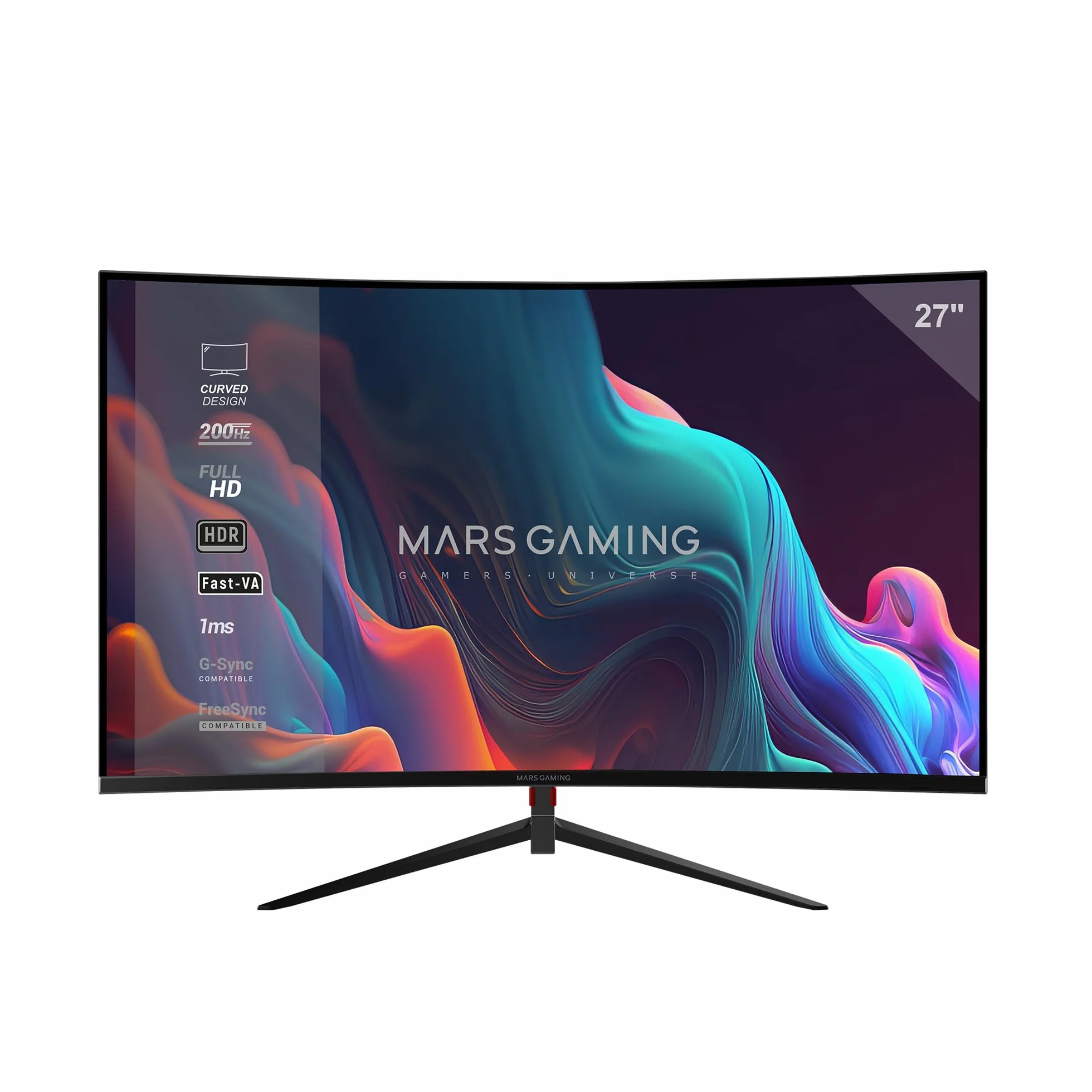 Mars Gaming MV-27C, Zakrzywiony Monitor Gamingowy 27” FHD 1080p 200Hz, HDR10 1ms, FreeSync i G-Sync, Bezramkowy Monitor PC, Low Blue Light i Flicker-Free, HDMI + DisplayPort + Jack 3.5mm, Czarny