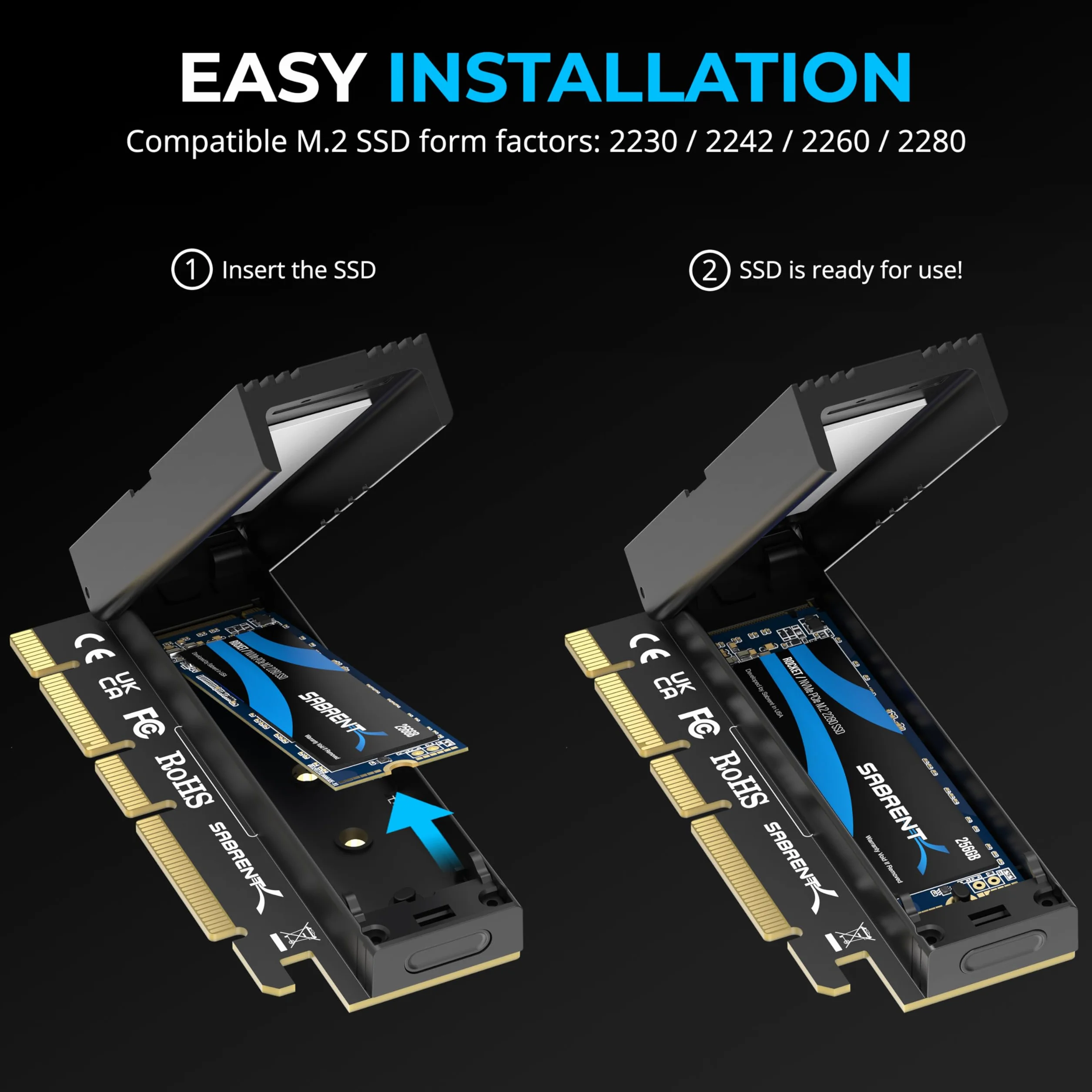 SABRENT M.2 NVMe do PCIe x16 adapter do Gen5 SSD, PCIe 5.0, beznarzędziowa karta dodatkowa z aluminiowym radiatorem (EC-TFPE)