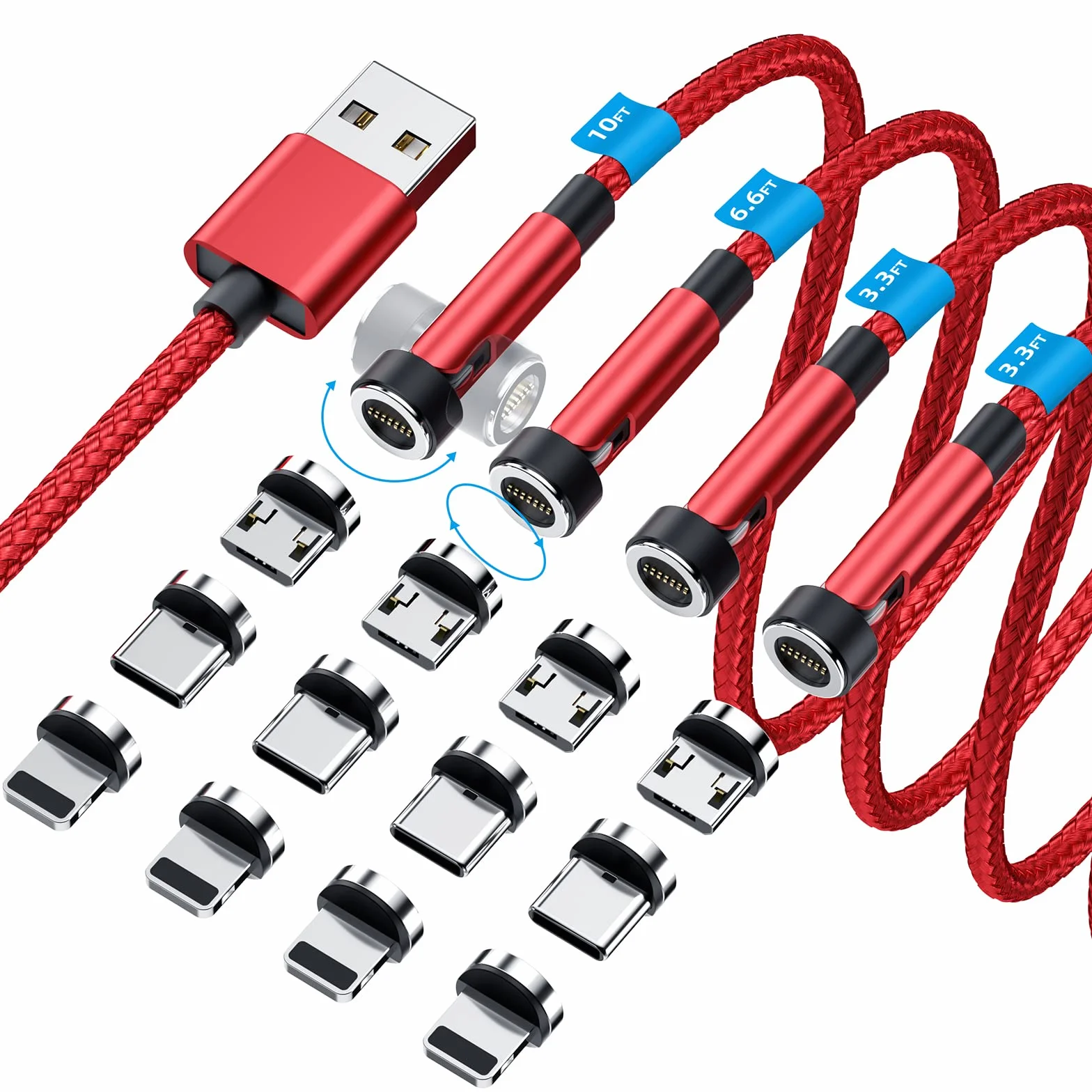 Magnetyczny kabel do ładowania obracany o 540°, magnetyczna ładowarka do telefonu 3 w 1, 4 sztuki, 0,9 m, 1,8 m, magnetyczny kabel do szybkiego ładowania 3 A, ładowarka magnetyczna do iPhone'a / micro USB / urządzenia typu C, czerwony