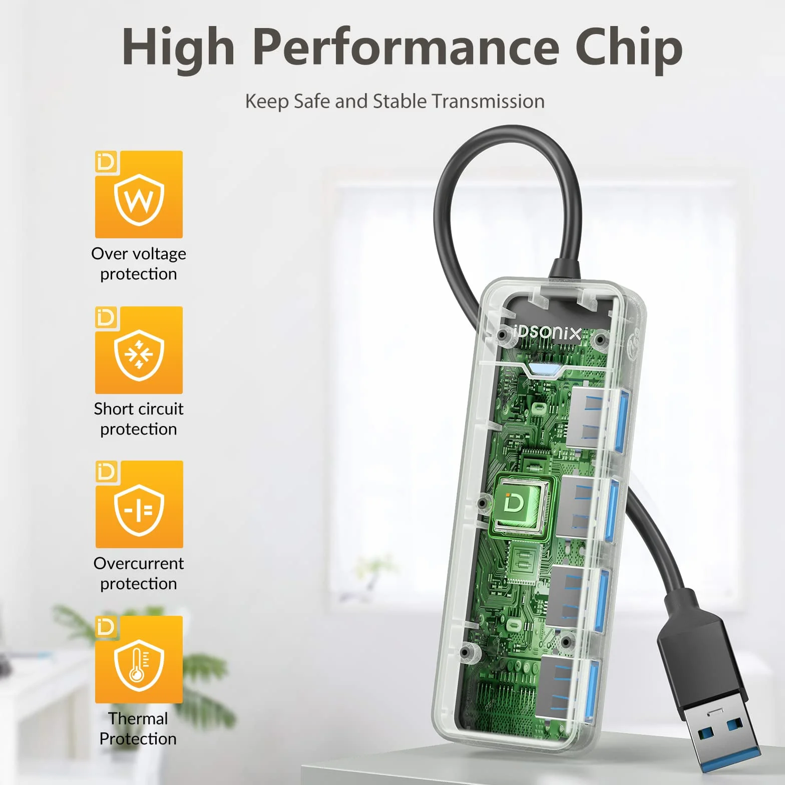 iDsonix Hub USB 3.0 z rozszerzonym kablem o długości 180 cm, 4-portowy hub USB 3.0, ultra cienki rozdzielacz USB, adapter wieloportowy do laptopa, komputera, MacBooka, pendrive'a, czarny