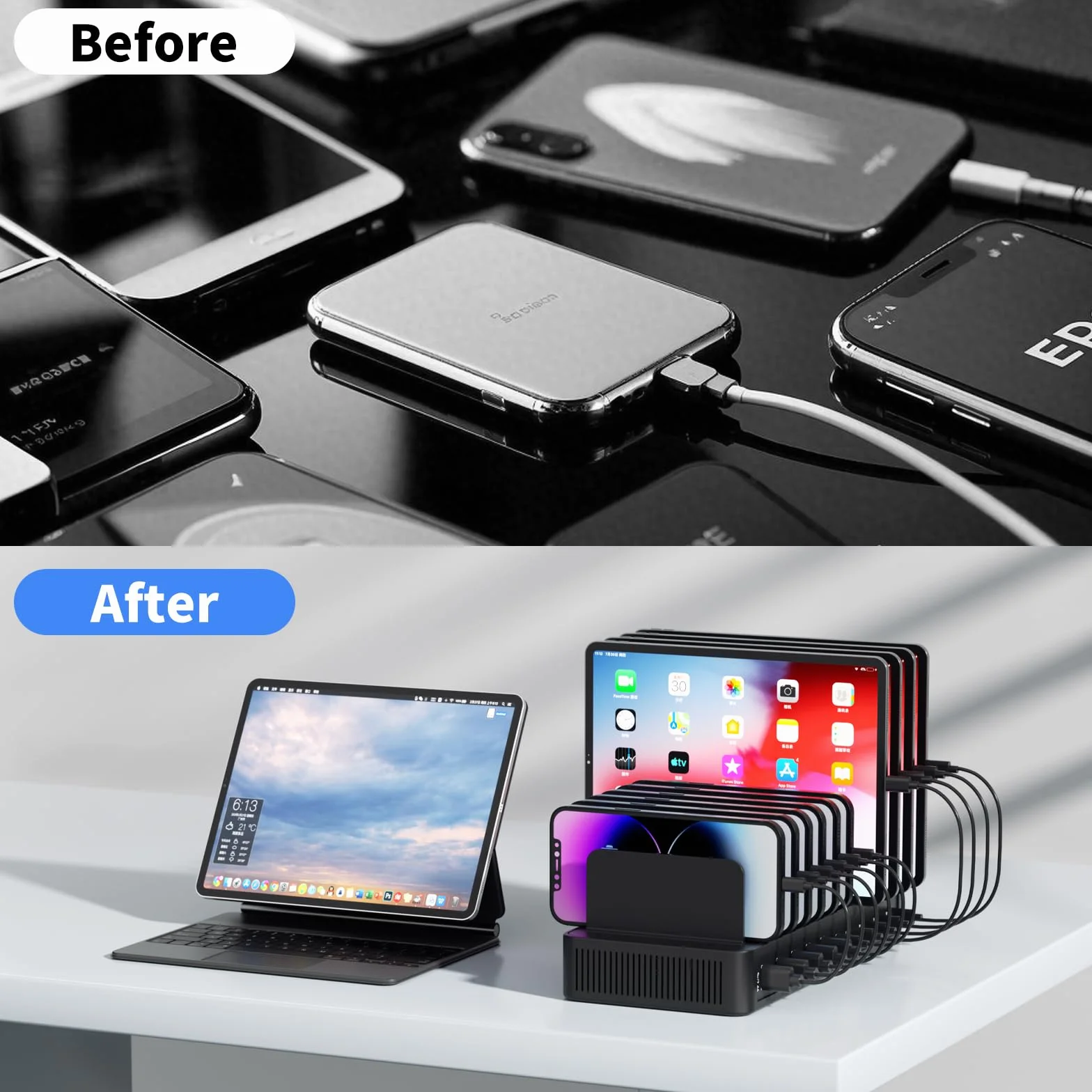 Stacja ładująca 60 W do wielu urządzeń, 10-portowa stacja ładująca USB z regulowanymi przegrodami – stacja ładująca do urządzeń iPhone, Android, iPad, tabletów i innych urządzeń