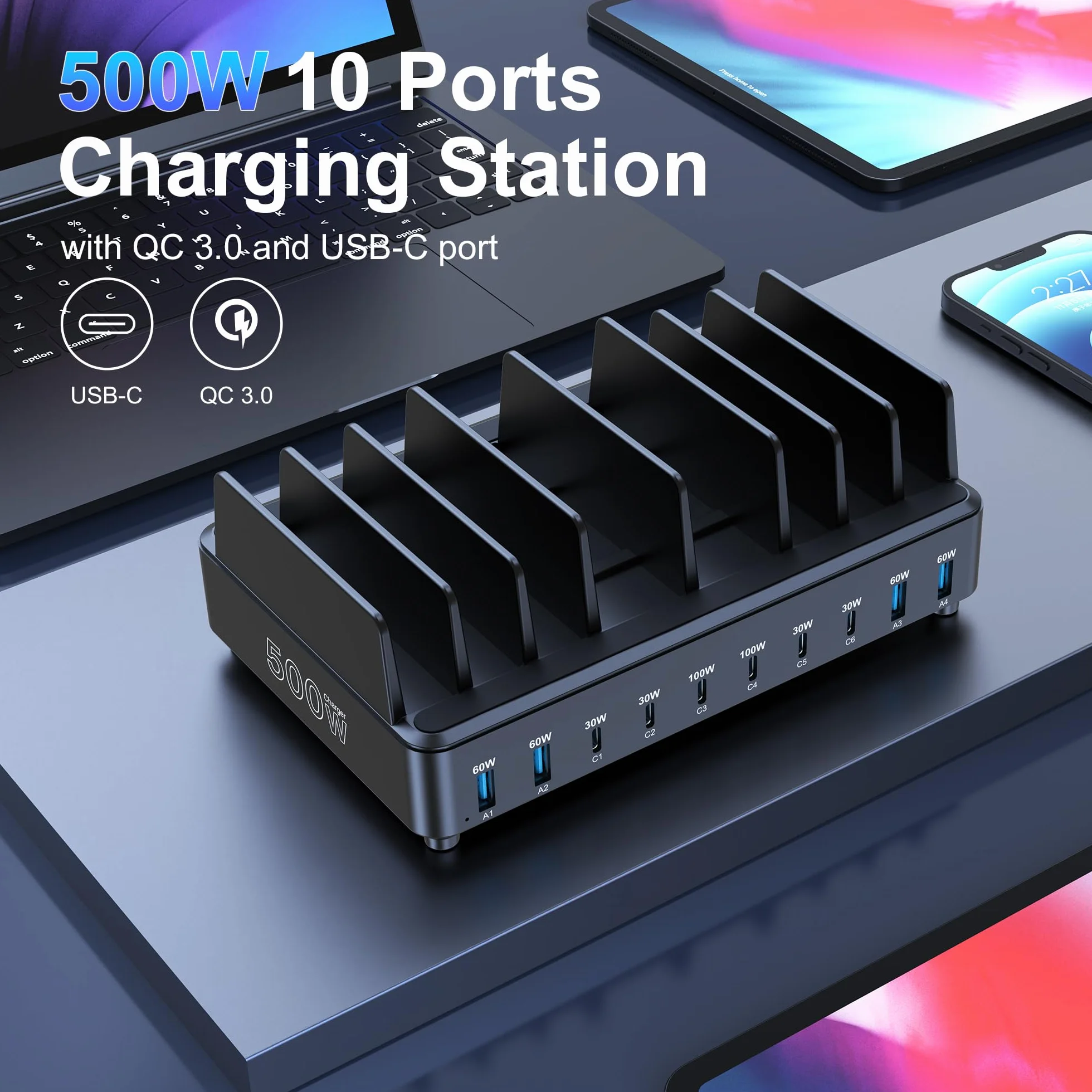 chipofy Stacja ładująca 500 W do wielu urządzeń, 10-portowa szybka stacja ładująca USB C, z organizerem do MacBooka, laptopa, iPada, iPhone'a 17, 16 Pro Max, Galaxy S25/S24 i innych
