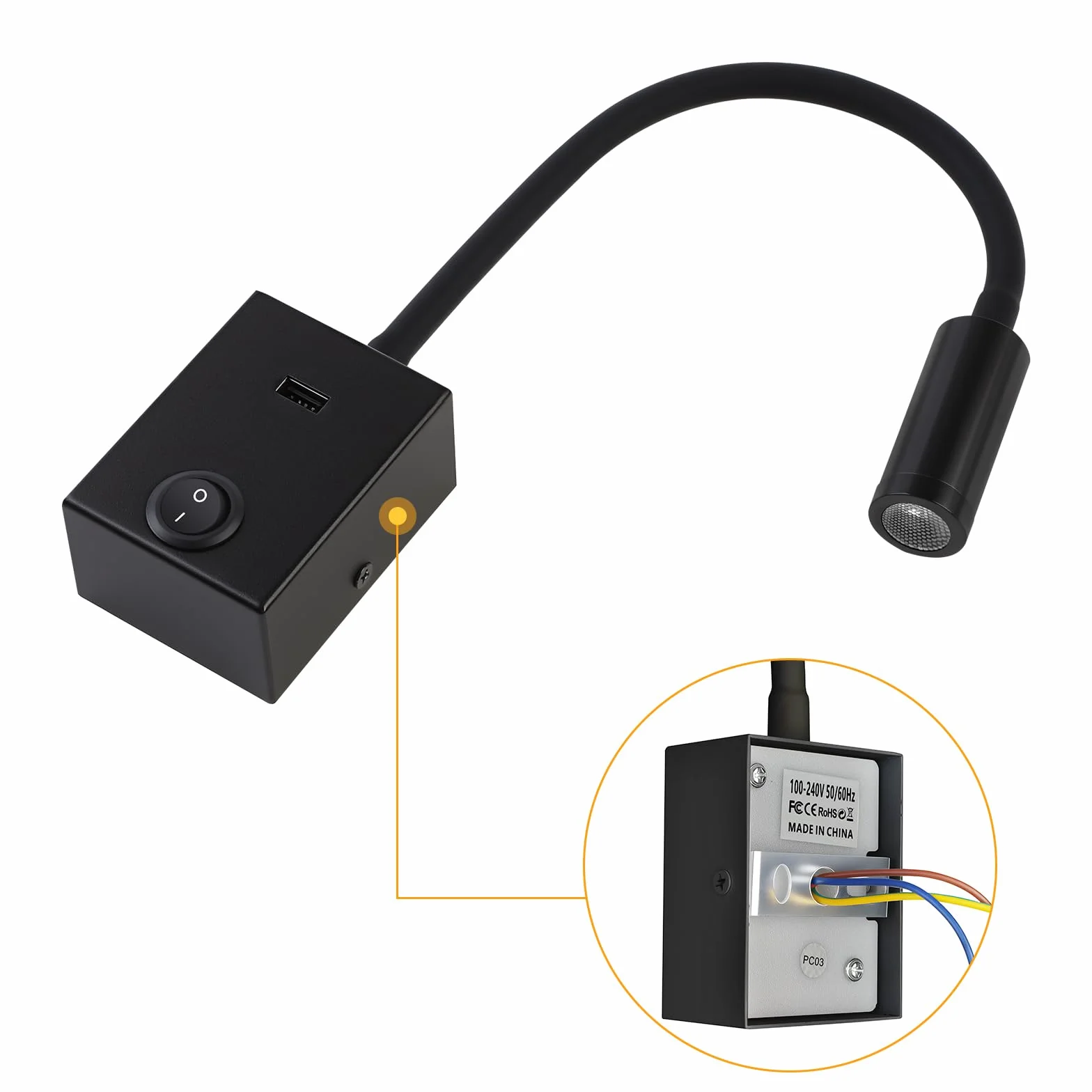 ERWEY LED Lampa ścienna do Czytania, Kinkiet 3W z Elastyczną Szyją 360° i Złączem USB do Sypialni, Ciepłe Białe światło 3000K, Czarny