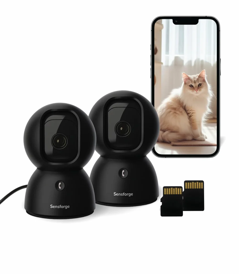 Sensforge Wewnętrzna kamera bezpieczeństwa 2,5K Pan-Tilt, wykrywanie ludzi i zwierząt domowych, zasięg 360°, dwukierunkowy dźwięk, dwuzakresowe Wi-Fi (2,4 g/5 G), karta SD 64 GB w zestawie, bez opłat