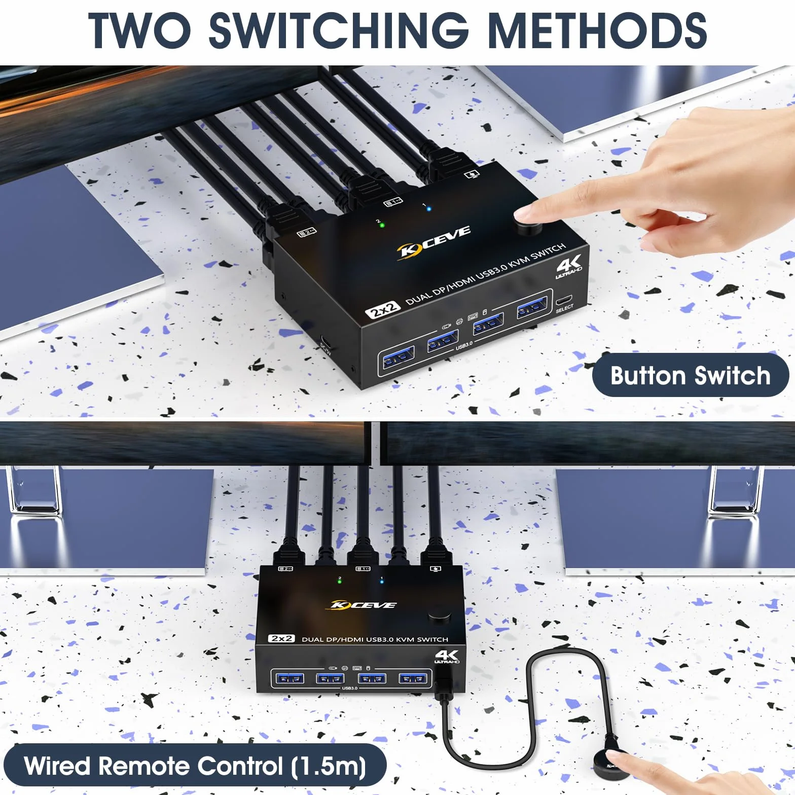 Displayport + HDMI Przełącznik KVM 2 Komputery 2 Monitory 4K@60Hz, MLEEDA Dual Monitor KVM Switch 2 Computers Dzielenia 2 Monitors i 4 Porty USB 3.0, z Kabel Zasilania, Przewodowy Pilot i 2 Kable USB