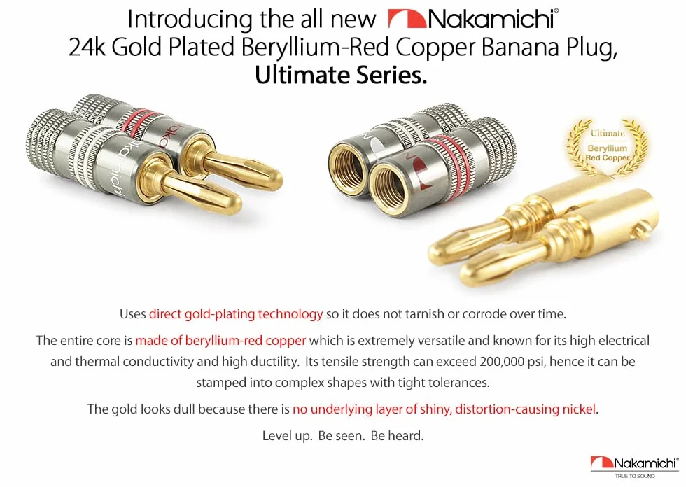 Nakamichi Ultimate Series berylowo-czerwona miedź pokryta 24K złotem - wtyk bananowy 4mm, złącza 12-18 AWG, idealne do elastycznego podłączenia do kolumn hi-fi, wzmacniaczy 2 Szt. (1 Para)