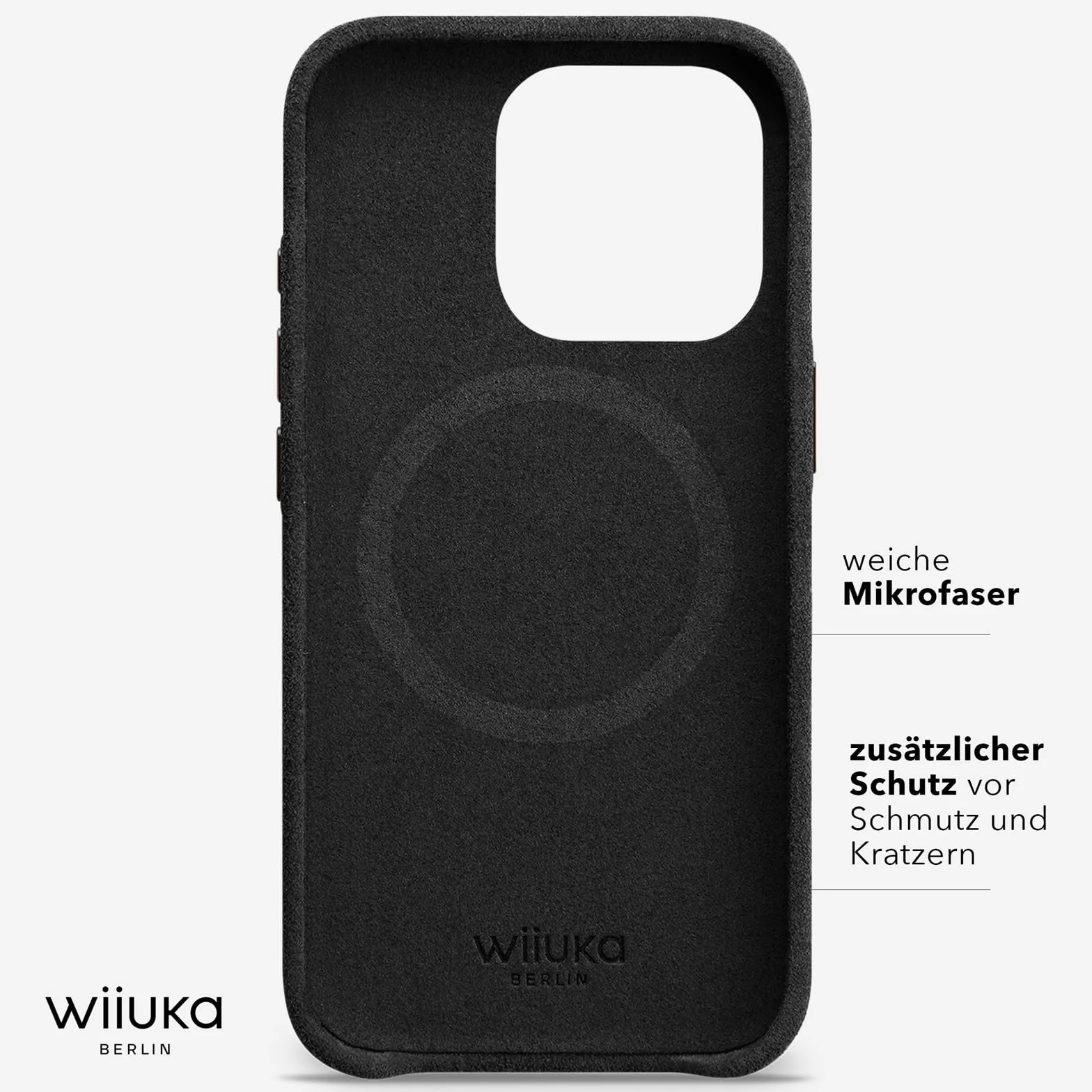 WIIUKA Etui do iPhone 15 Pro Max, oryginalne Alcantara®, ręcznie wykonane, bardzo cienkie, premium etui na telefon komórkowy, Case, Qi, alternatywa dla skóry, skiin Alcantara, czarne