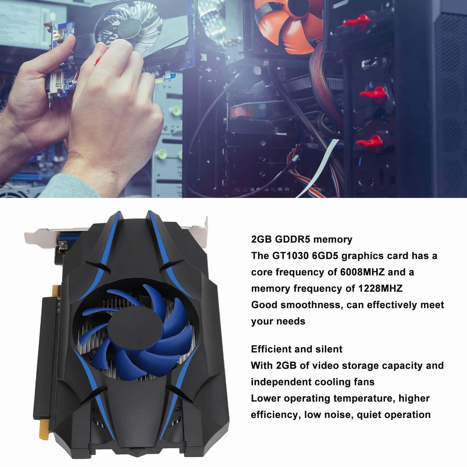 Bewinner Karta Graficzna GT1030 2GD5 |2 GB Pamięci GDDR5, Taktowanie Rdzenia 6008 MHz, PCIe 2.0 X16 z HDMI/VGA, Chłodzenie Wentylatorem do Gier i Pracy na Komputerze