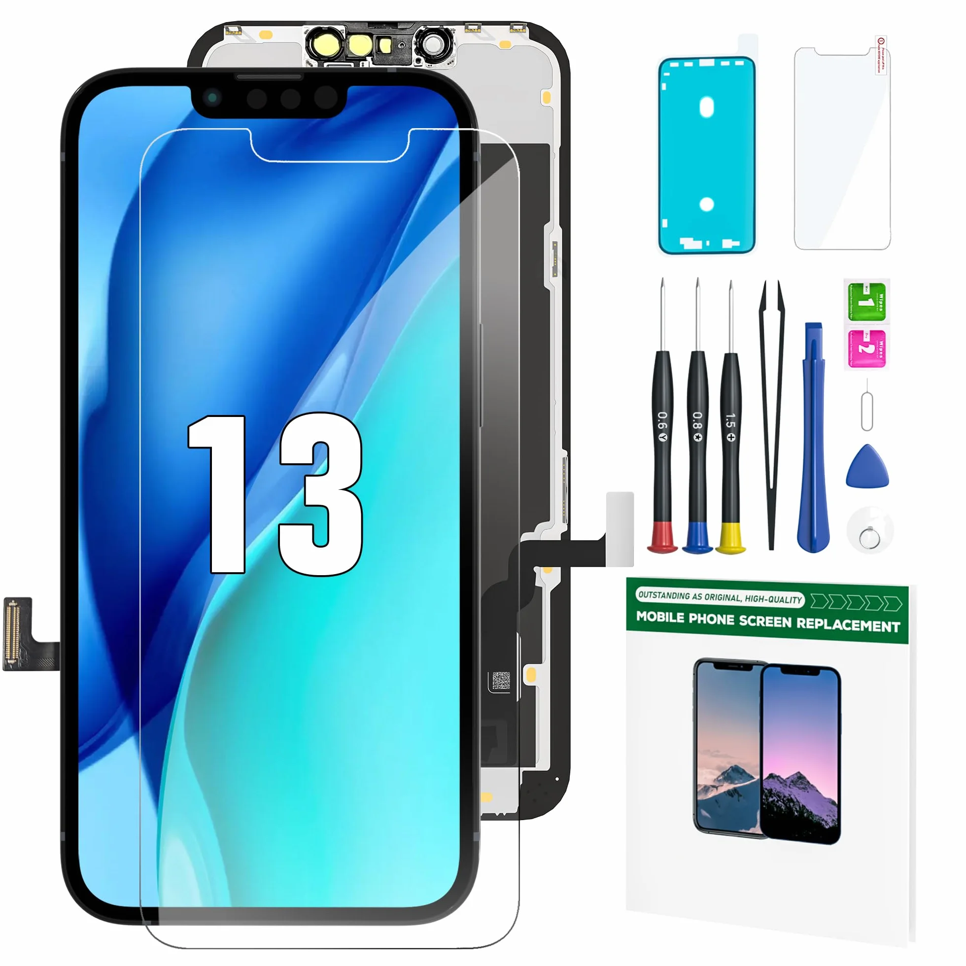 iPhone 13 zestaw zamienny ekranu 6,1 cala wyświetlacz LCD 3D dotykowy Full HD Digitizer pełny montaż zestawy naprawcze wodoodporna ramka naklejka + ochraniacz ekranu dla A2633 A2482 A2631 A2634