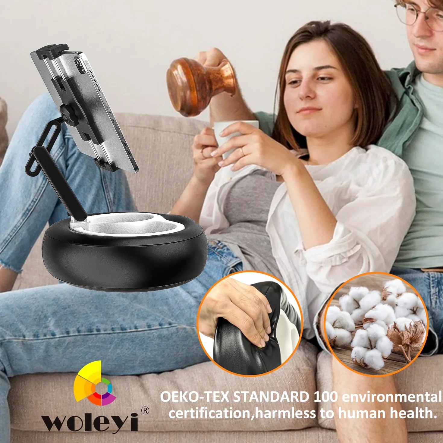 Podstawka na tablet, poduszka do łóżka, poduszka do łóżka, regulacja obrotu o 360°, dla iPada Pro, Air Mini, Kindle, Galaxy Tab, telefon, 4–13 cali (miękka skóra, czarny)