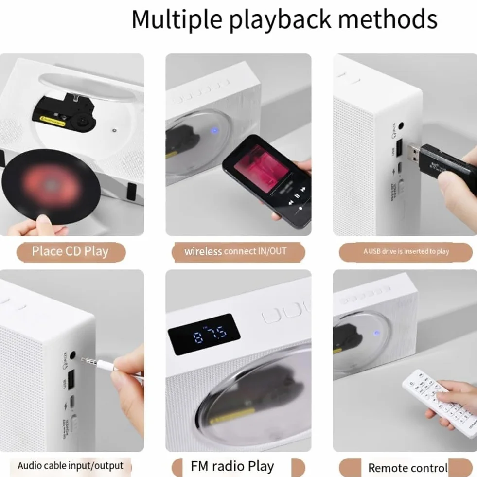 Przenośny odtwarzacz CD z Bluetooth – wielofunkcyjny domowy odtwarzacz muzyki CD, montowany na ścianie, odtwarzacz płyt CD do nauki, audiobooki, radio FM, odtwarzanie USB, pilot zdalnego sterowania