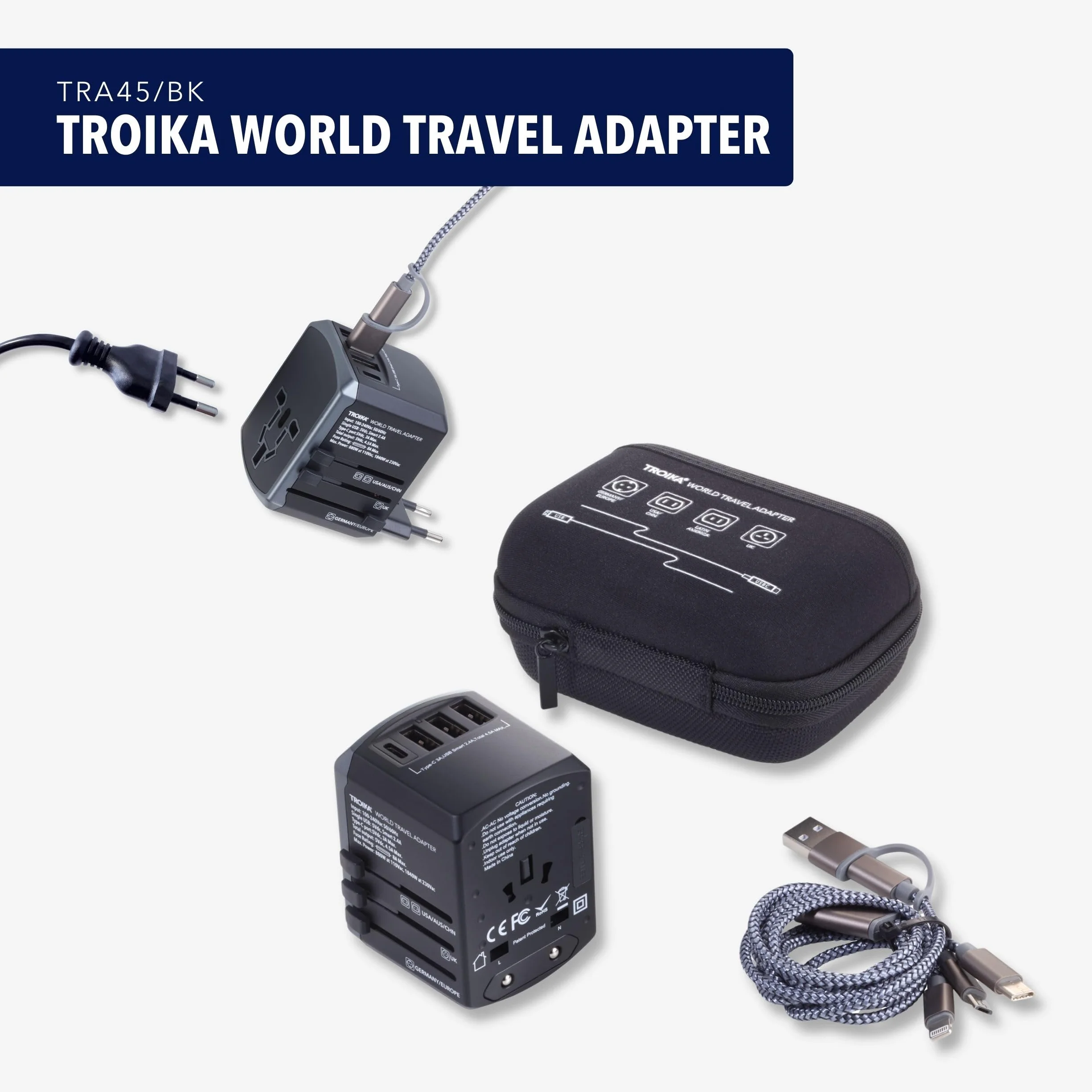 TROIKA Designerski zestaw adapterów podróżnych TROIKA World Travel Adapter, czarny, 26cm, Nowoczesny