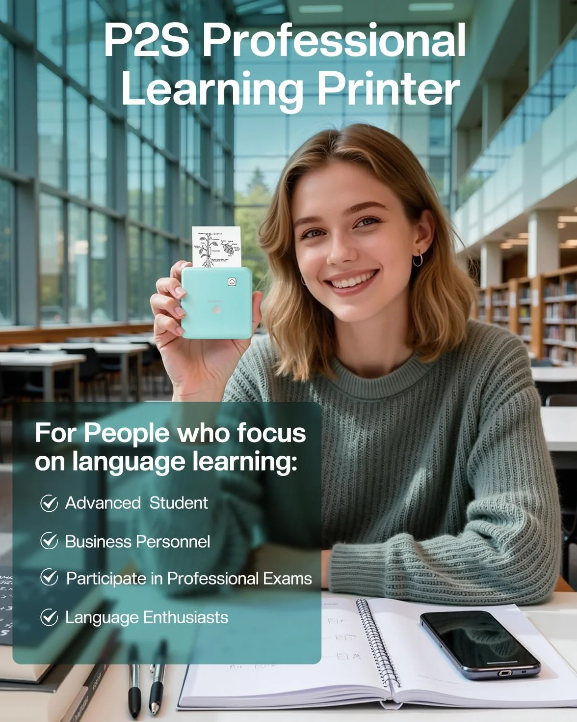 Phomemo P2S Mini drukarka fotograficzna, mini drukarka do smartfona, przenośna drukarka termiczna Bluetooth 300 dpi z 3 rolkami papieru kompatybilna z iOS i Androidem, do zdjęć, nauki, prezentu