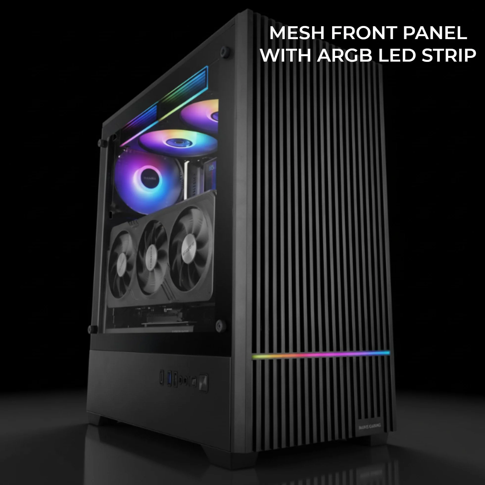 Mars Gaming MC-QUANTUM, Obudowa PC Gaming ATX, Przedni Mesh z paskiem LED ARGB, Pełne boczne szkło hartowane, 4x wentylatory FDB 120mm, Wsparcie chłodzenia cieczą do 240mm, USB-C, Czarny