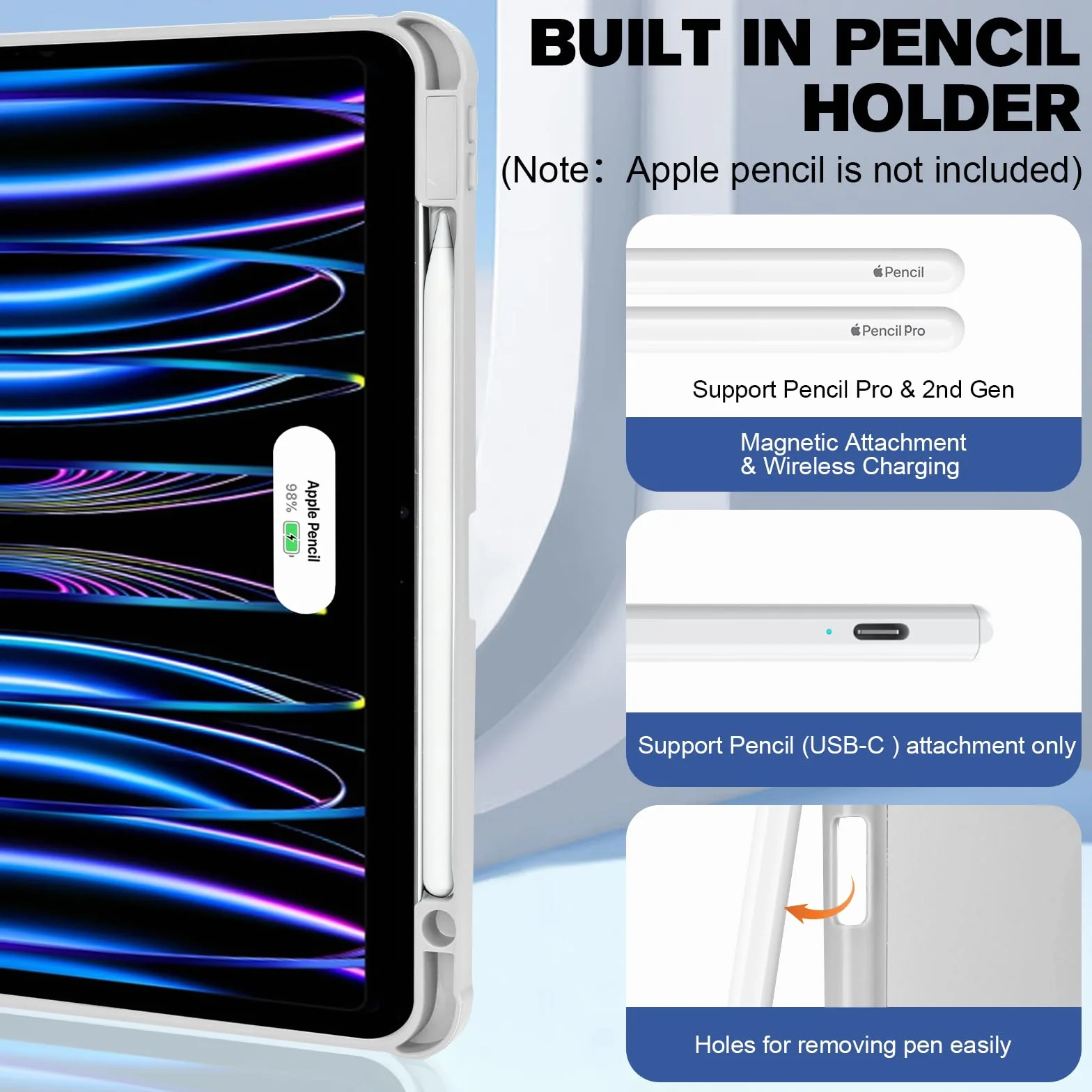 Etui do iPad Pro 11 cali 4/3/2/1 generacji z Uchwytem na Długopis, Odporne na Uderzenia, Jasnoszary