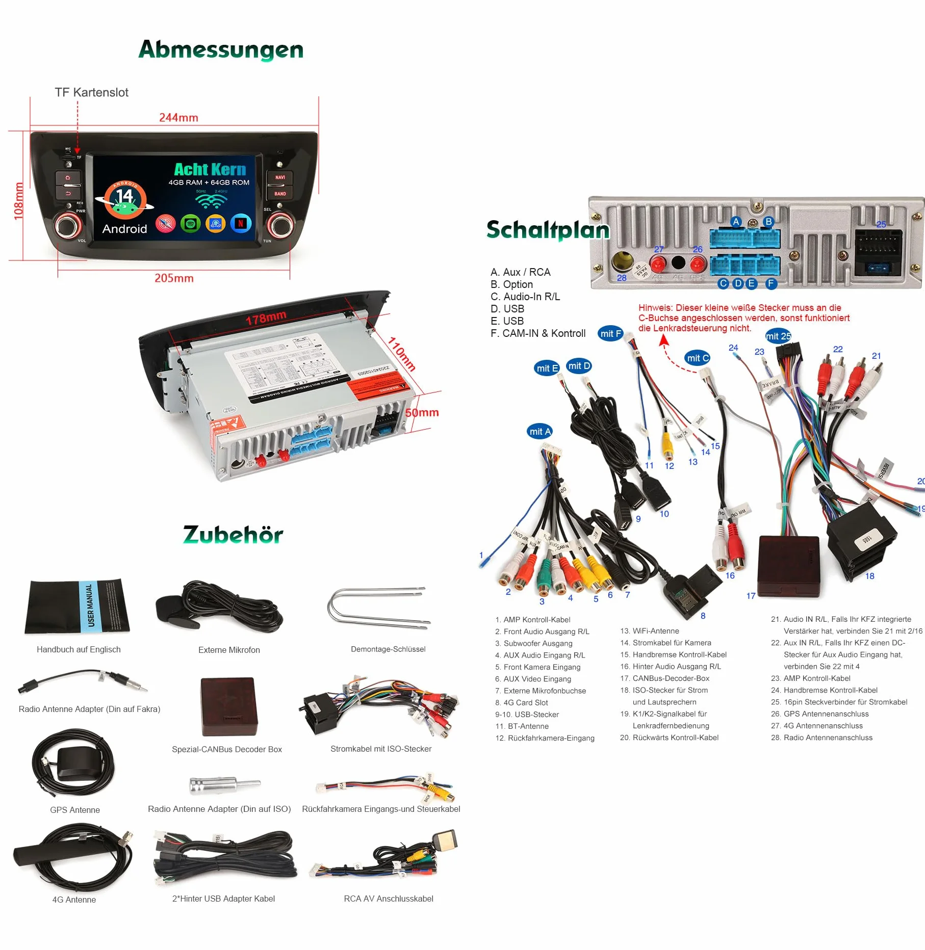 Erisin Radio samochodowe z systemem Android 14 z nawigacją GPS do FIAT Doblo, Opel Combo Tour D, obsługuje bezprzewodowe CarPlay Android Auto Bluetooth 5.0, WiFi 4G DAB+, USB FM RDS OBD2, DTV, Canbus