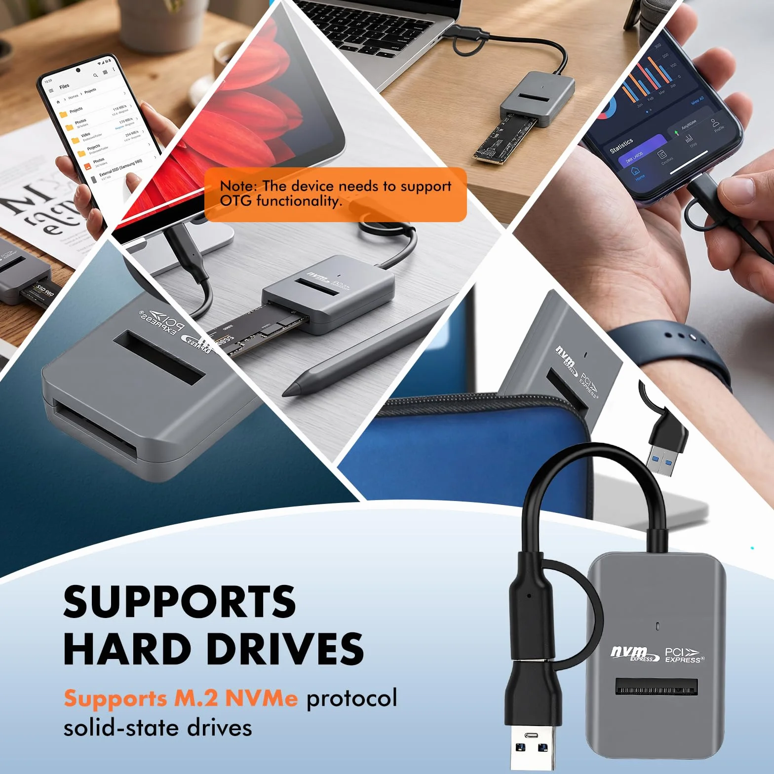 Adapter M.2 NVMe na USB, czytnik USB-C-M.2-NVMe SSD, USB 3.2 Gen 2 x 1, 10 Gbit/s z trymem UASP, pojemność 8 TB, beznarzędziowa, składana obudowa PCIe NVMe